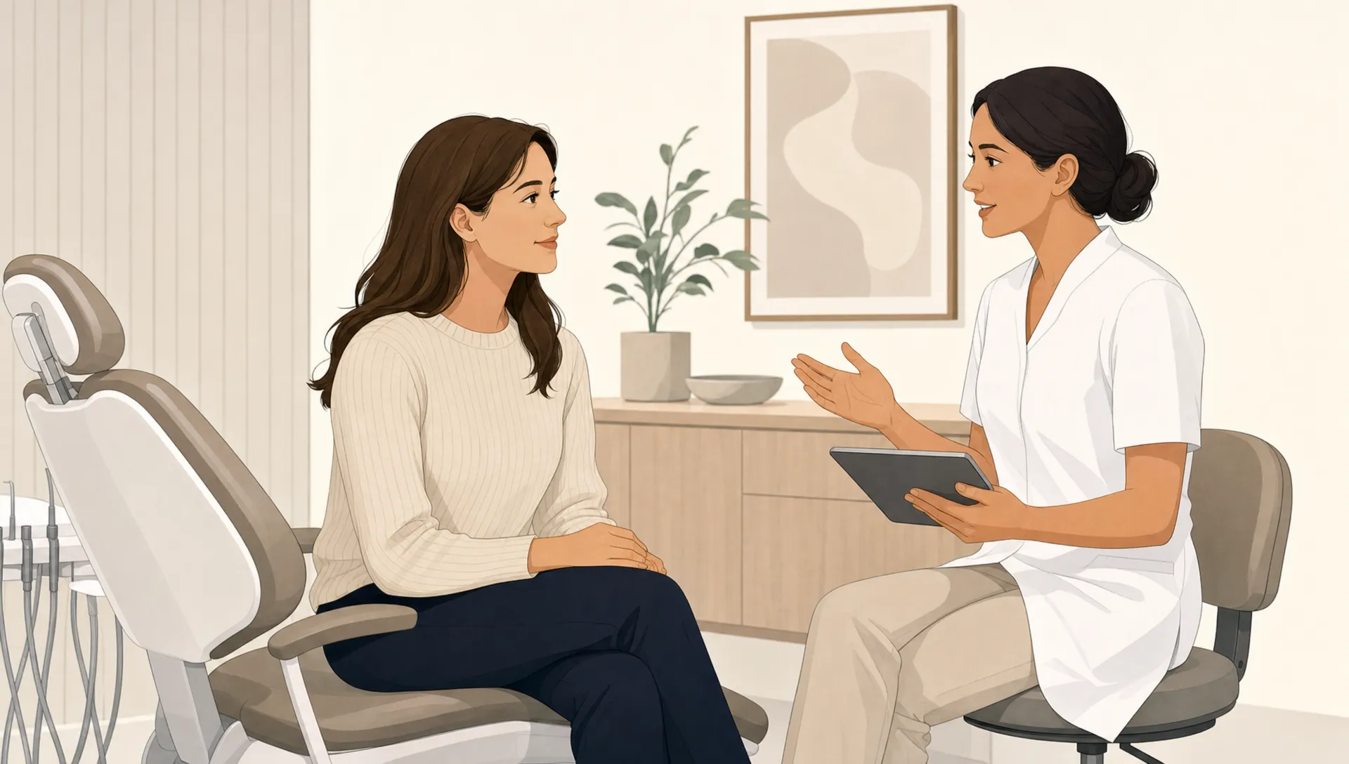 A calm first dentist appointment consultation shows an adult patient and dentist seated beside a simple dental chair outline.