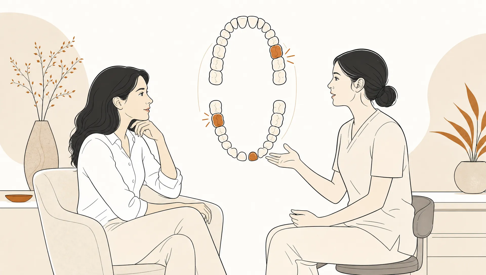 A calm premium editorial vector illustration about deciding when to book with an Emerald dentist, showing an adult patient and dentist in a simple consultation beside a simplified dental arch, generous white space, fine near-black linework, CP Dental burnt orange accents, pale sand background shapes and natural ivory teeth, with no text or location details.