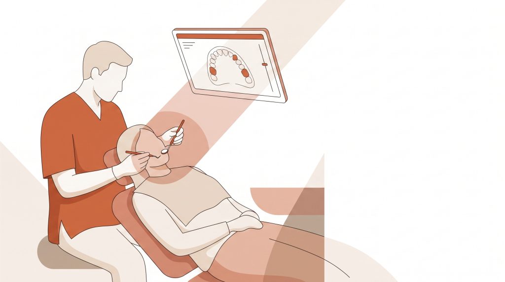 A clean dental arch and crown arrangement suggests the planning that can happen at a first visit.