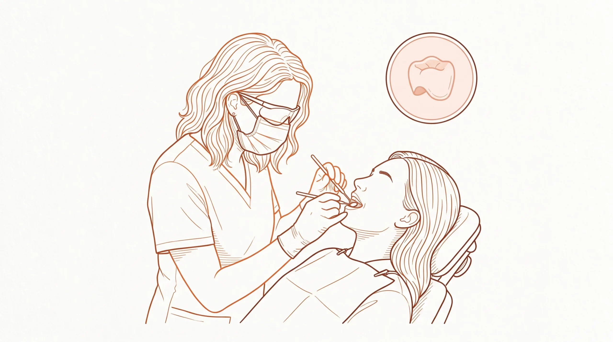 A dental professional in gloves, mask and protective eyewear gently checks a patient’s teeth, with a small inset showing a crown sample.