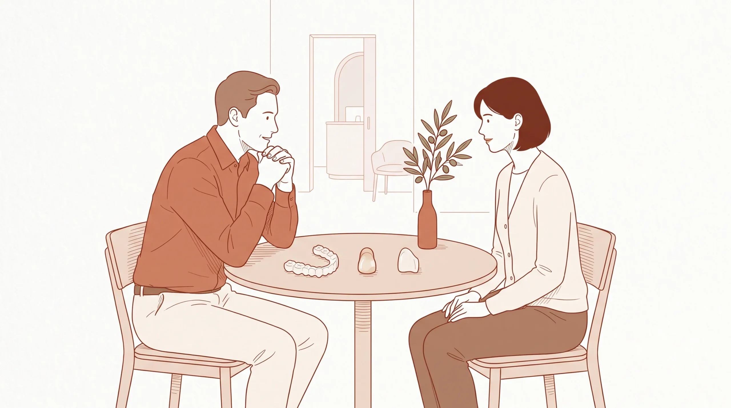 A dentist discusses whitening, bonding and veneer options with a patient at a clinic table.