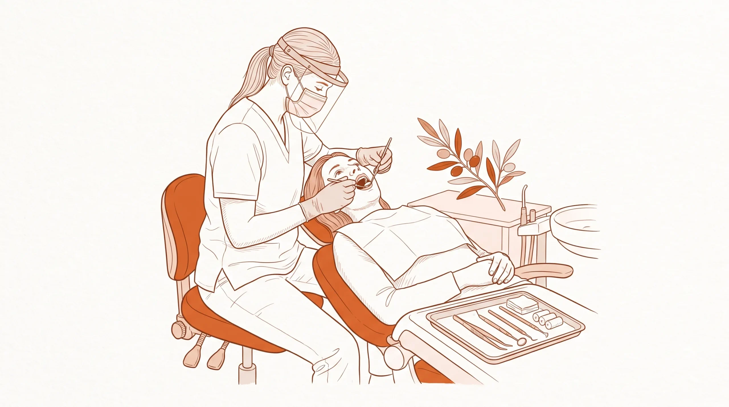 A dentist gently cleans an adult patient's teeth in a calm clinic chair, with instruments in use and a small olive branch accent.
