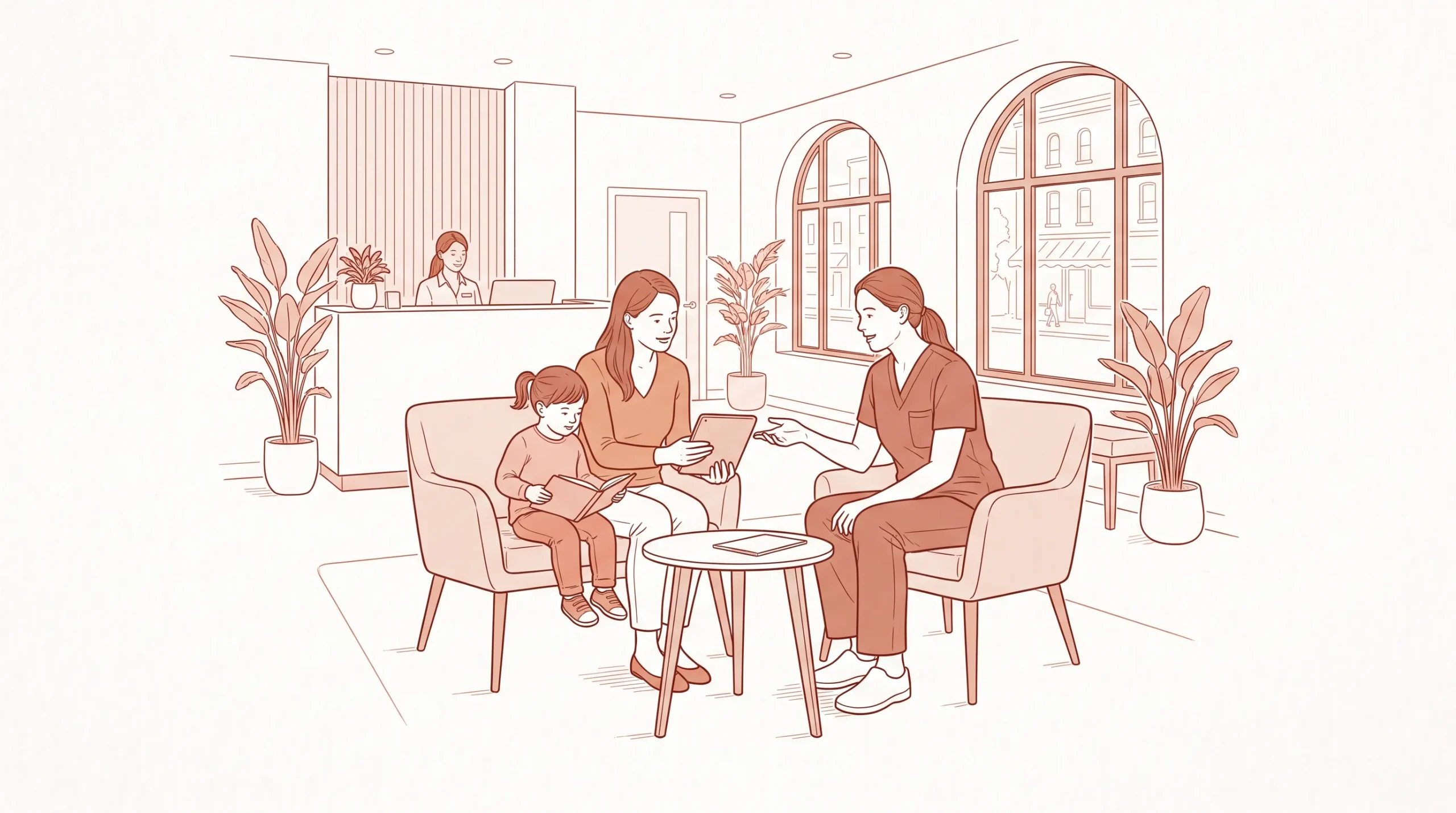 A parent and child talk with a dentist in a bright reception area while choosing a clinic for routine care and children’s appointments near Browns Plains.