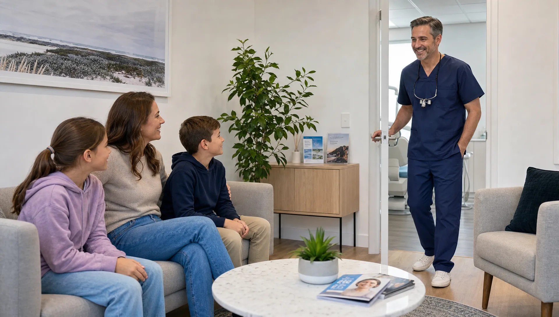 A parent sits with two children in a calm dental clinic waiting area while a dentist welcomes them at the doorway, creating a friendly family dental visit scene.