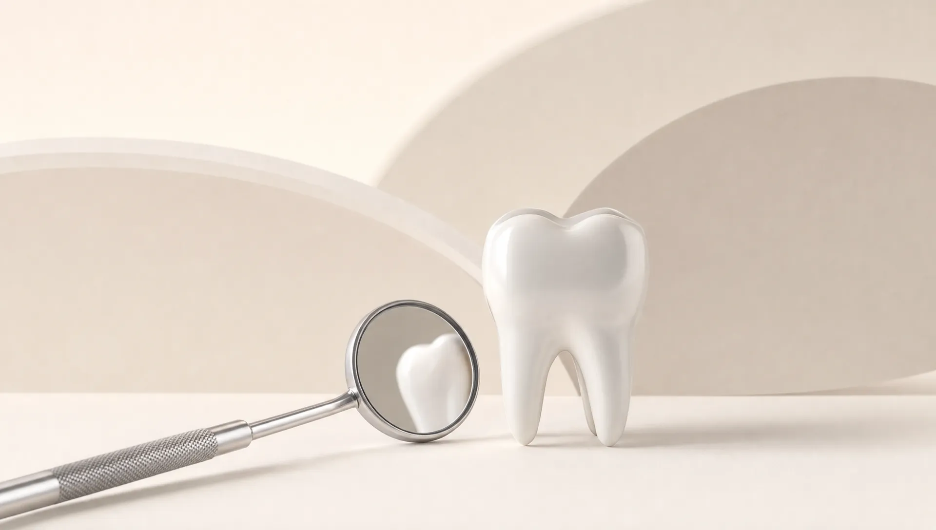 A porcelain tooth beside a dental mirror and gentle curved shapes for a dental assessment.