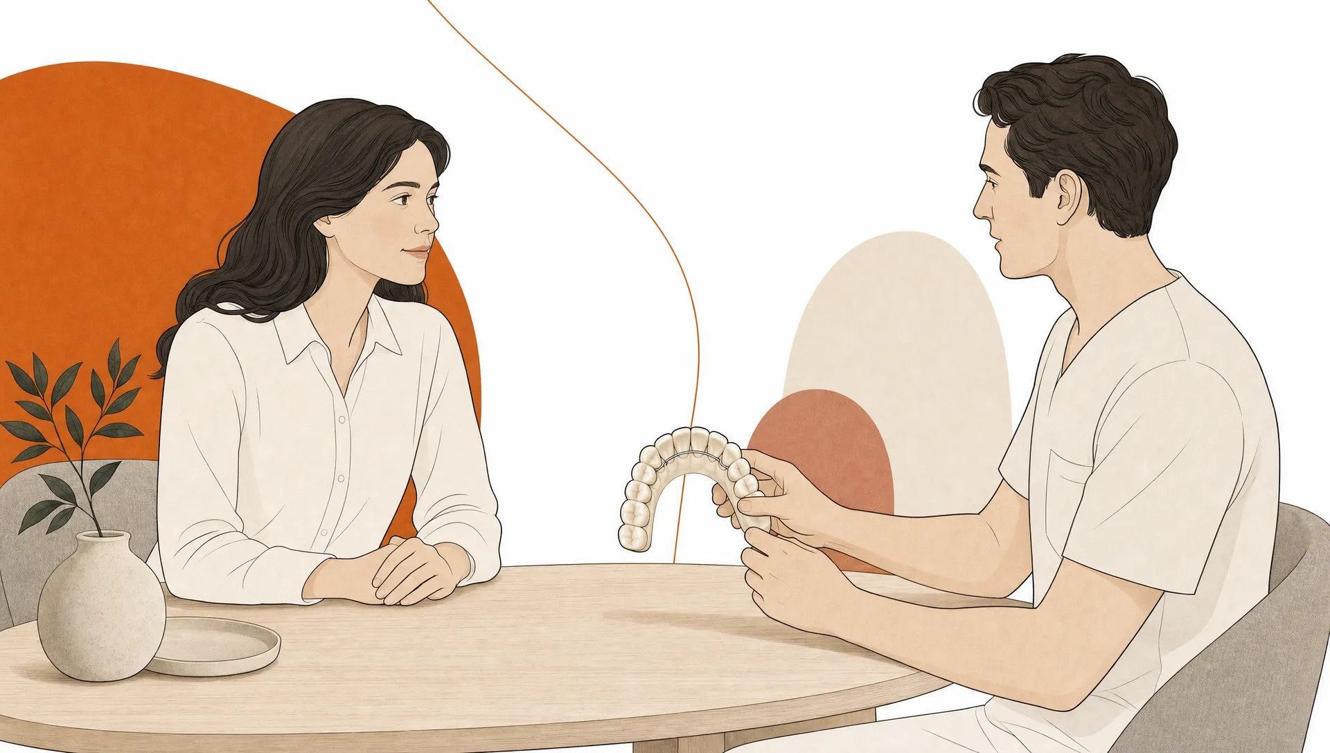 A premium editorial vector illustration of a calm adult patient and dental professional in a simple consultation moment, with a natural ivory dental arch and a subtle preventive ring as the focal point. The composition uses generous white space, fine near-black linework, CP Dental burnt orange accents for background shapes and graphic details, pale sand and soft terracotta supporting forms, and no text, logos, screens, clinical equipment, exaggerated smiles or location-specific imagery.