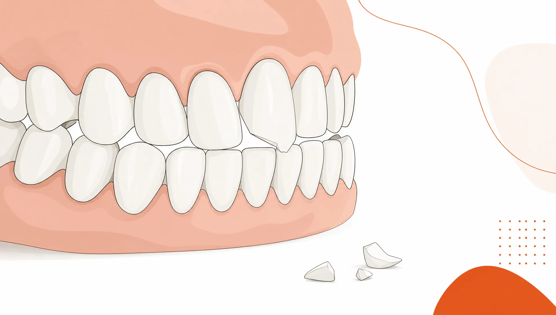 A slightly loosened adult tooth in a damaged tooth row points to an urgent dental problem.