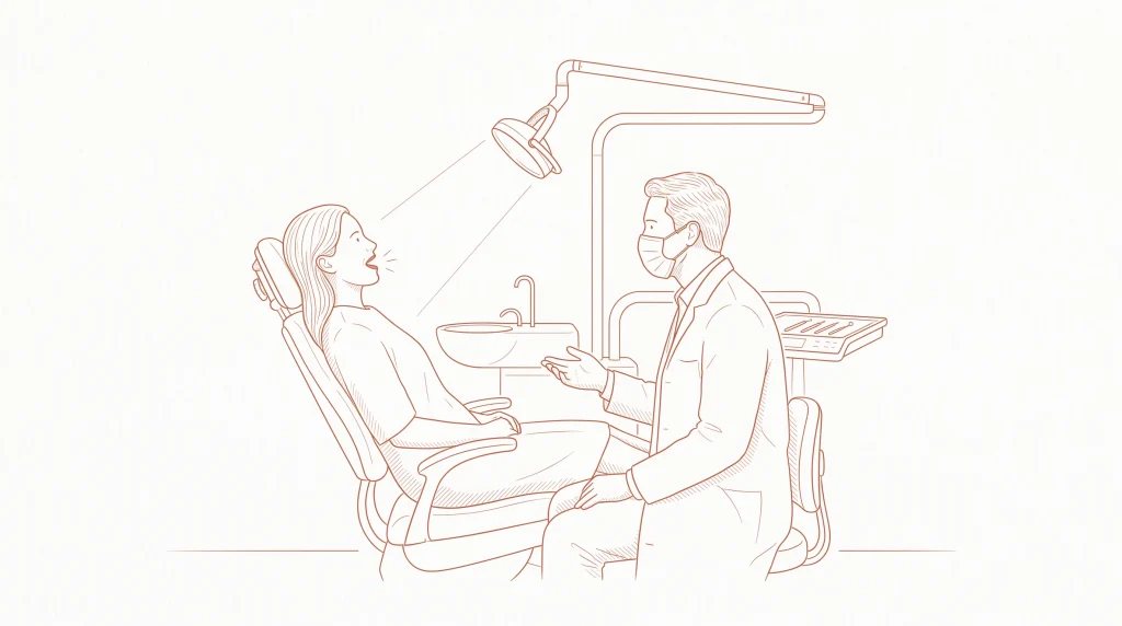 An adult sits with a dentist during a dental check-up, with the mouth being examined in a tidy clinic room.