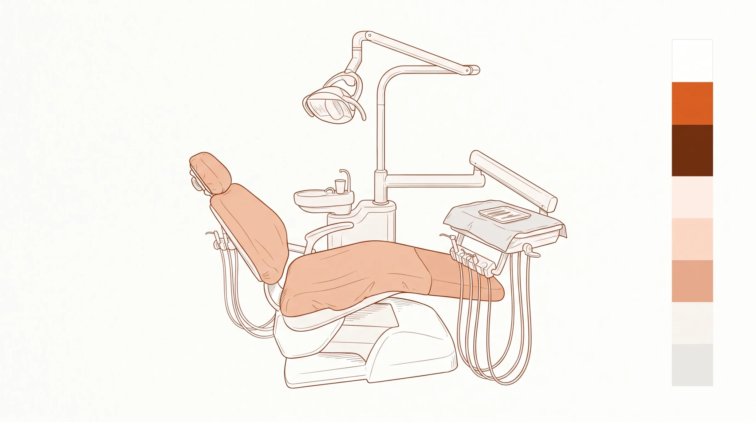 A calm dental treatment room is set up for checking a broken or painful tooth, with a tray, chair and exam light ready.