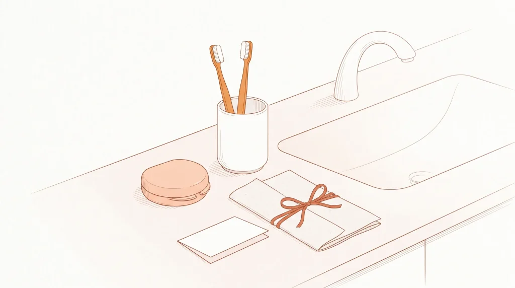 A clinic counter holds a toothbrush cup, mouthguard case and appointment card for family dental planning.