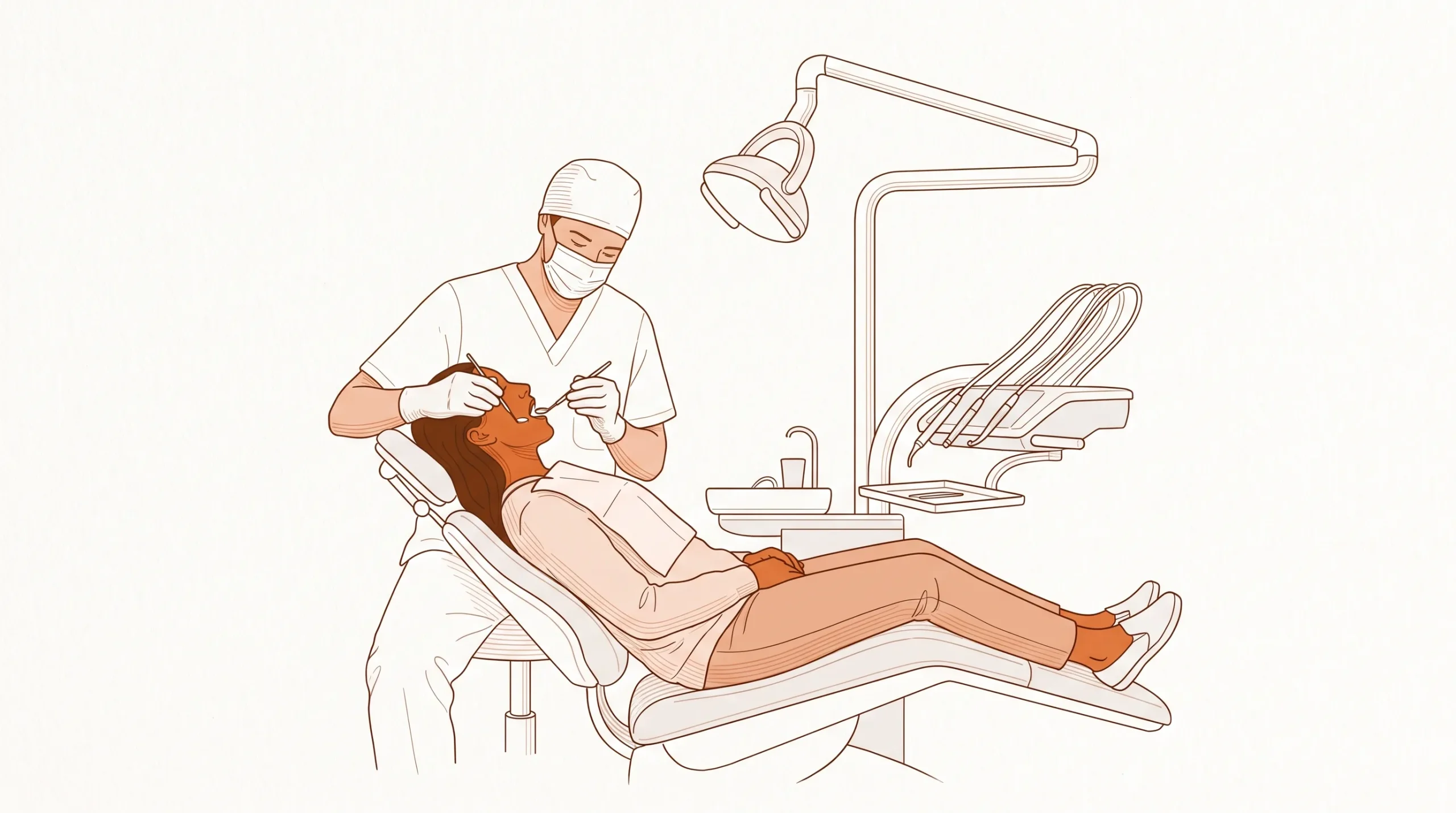A dental professional gently examines an adult patient in a chair during a routine dental appointment, with the mouth open and a mirror in use.
