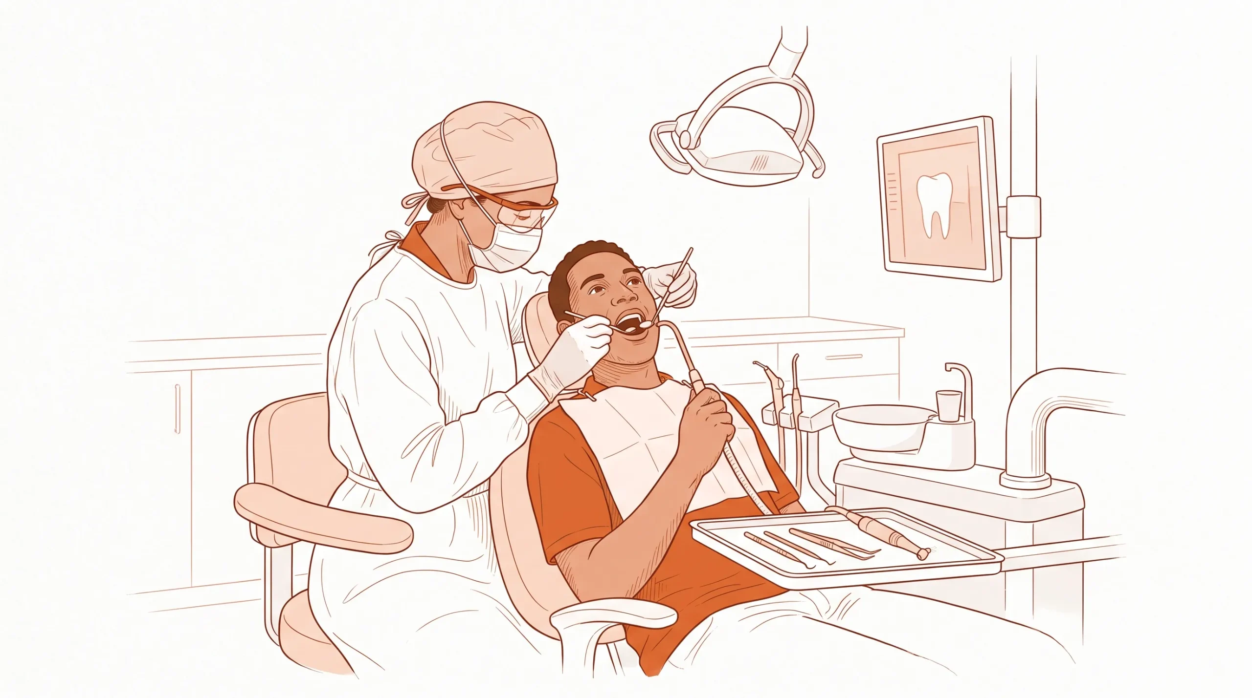 A dental professional in PPE examines an adult patient with a mirror during a general dentistry appointment.