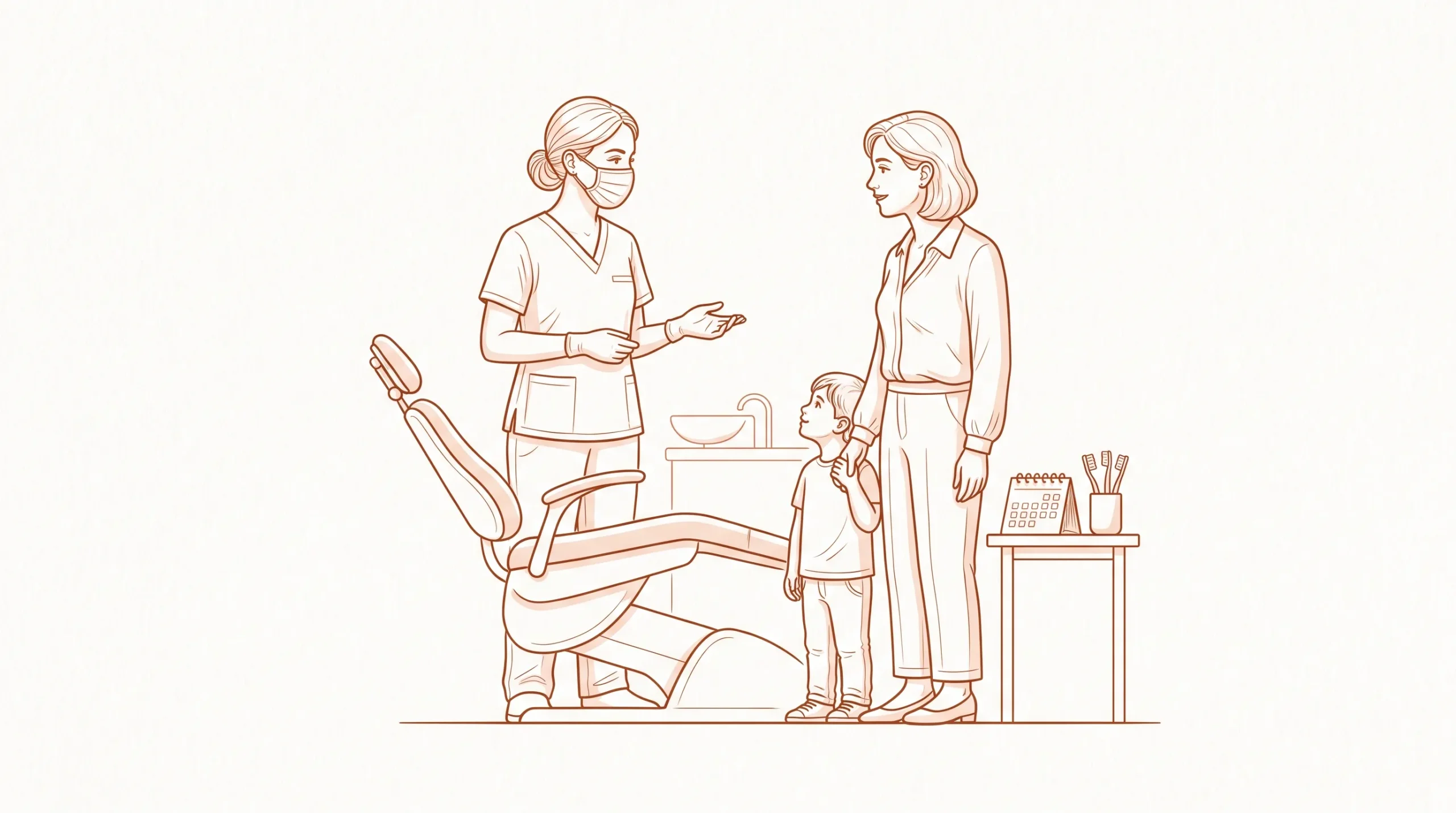 A dental professional speaks with a parent and child beside a chair, with a small appointment calendar and toothbrushes nearby.