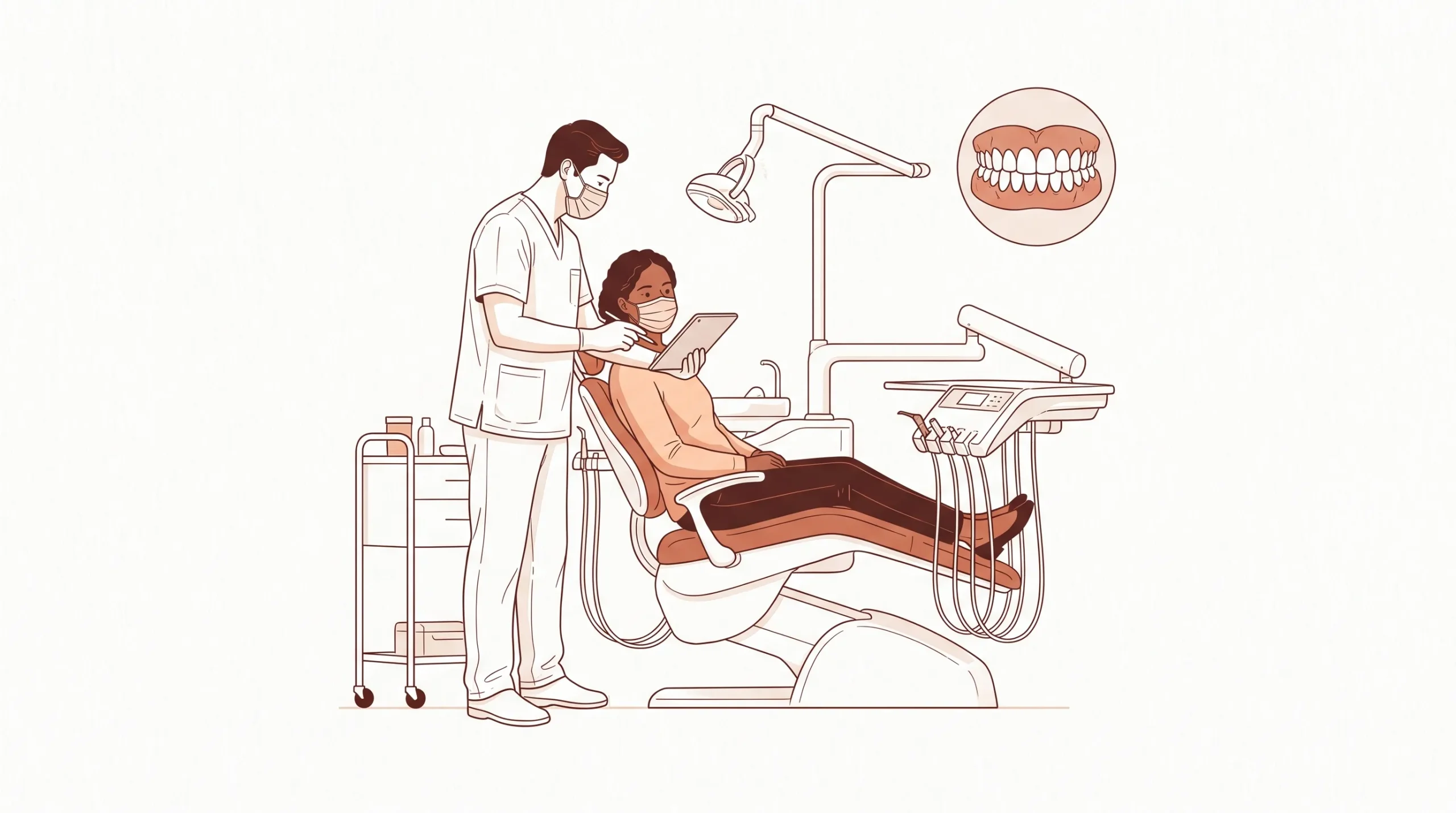 A dentist and adult patient discuss a treatment plan beside a dental chair, with a small inset of healthy teeth and gums.
