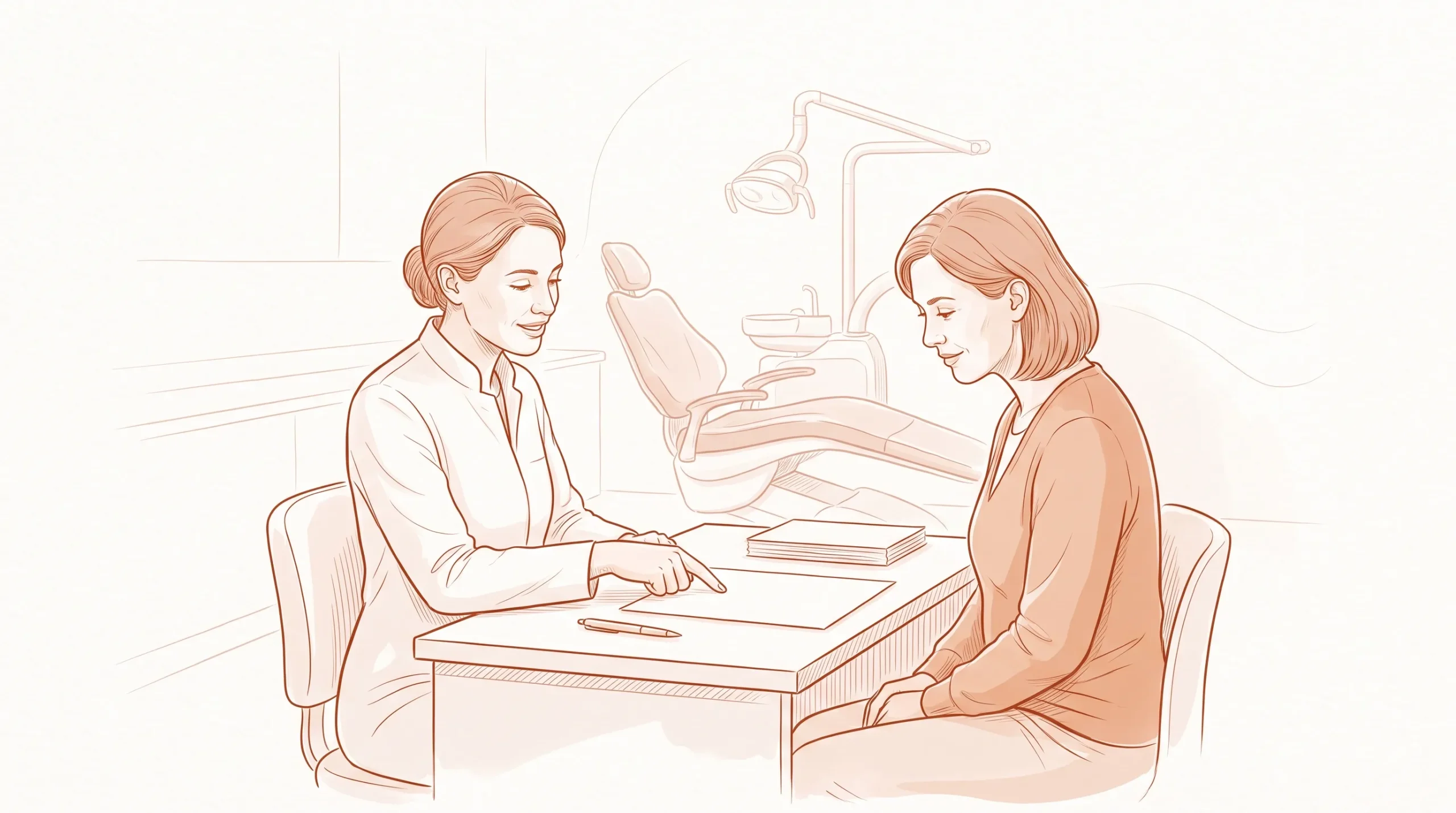 A dentist and adult patient discussing a treatment estimate before deciding on dental care without private health insurance.