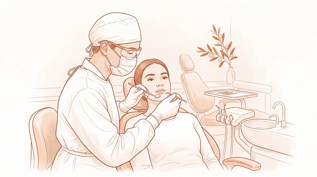 A dentist carries out a routine dental examination in the chair.