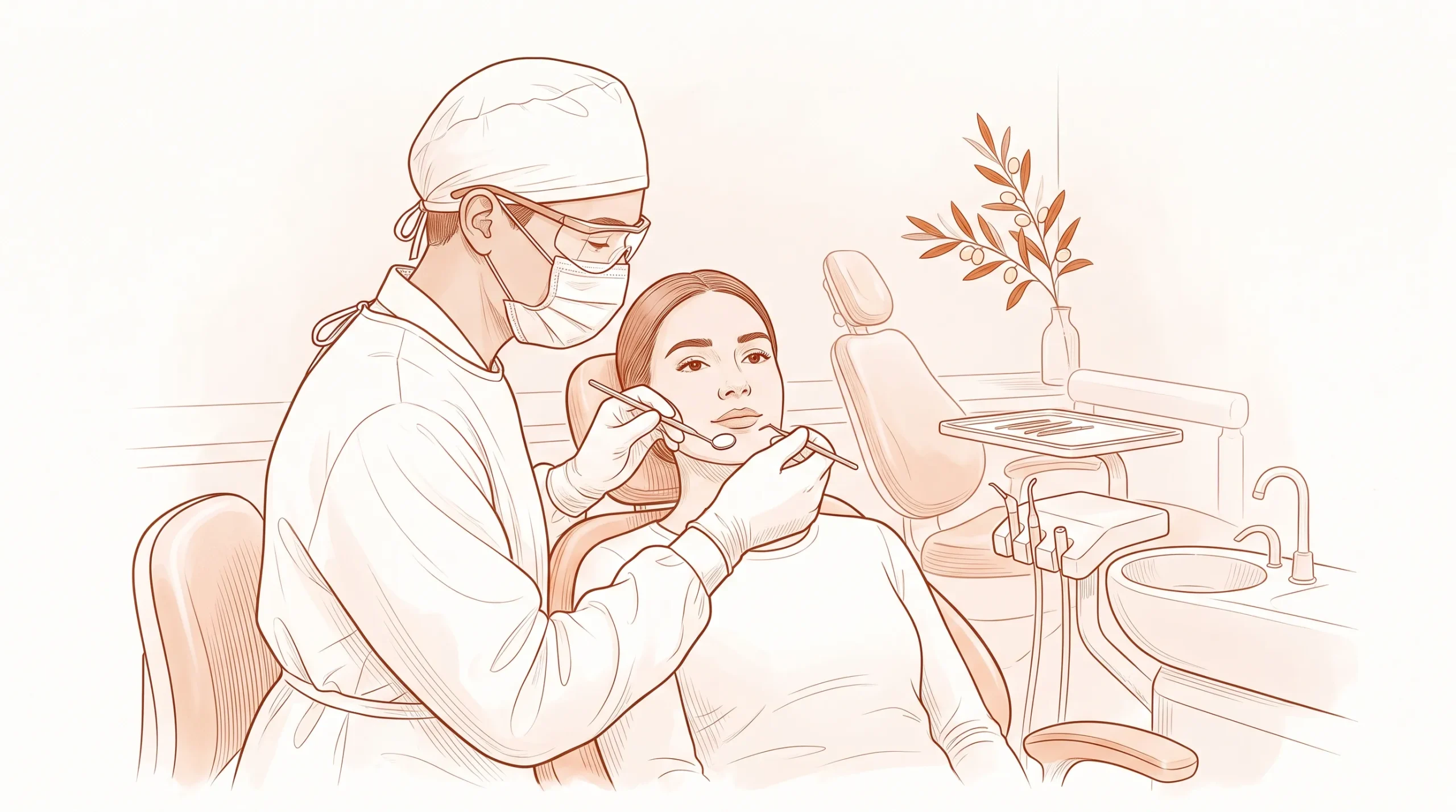 A dentist carries out a routine dental examination in the chair.