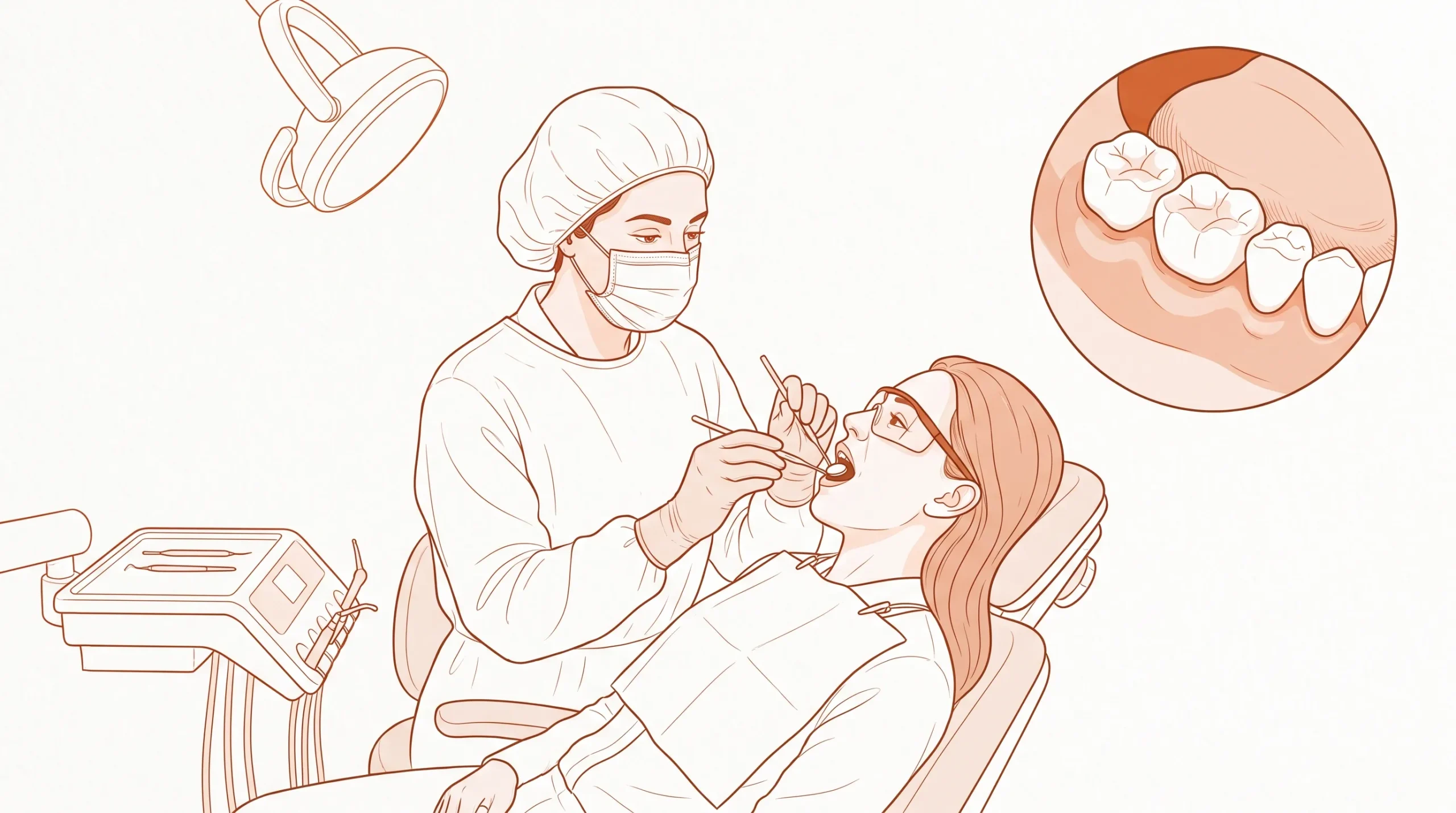 A dentist examines a seated adult patient while a small inset shows back molars and soft gum tissue.