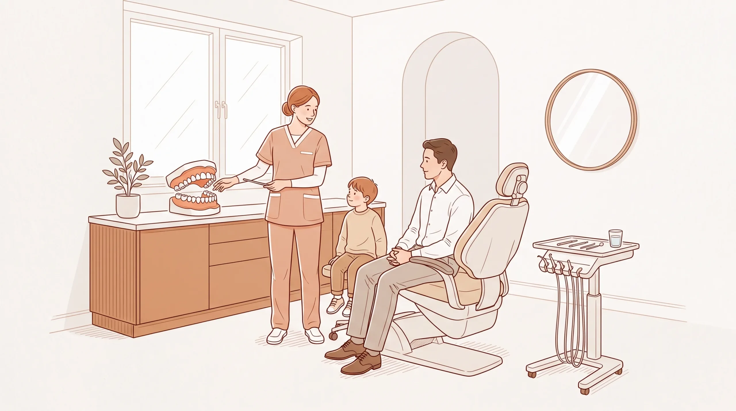 A dentist in clinical attire explains general dental care to a parent while a child listens in a welcoming treatment room.