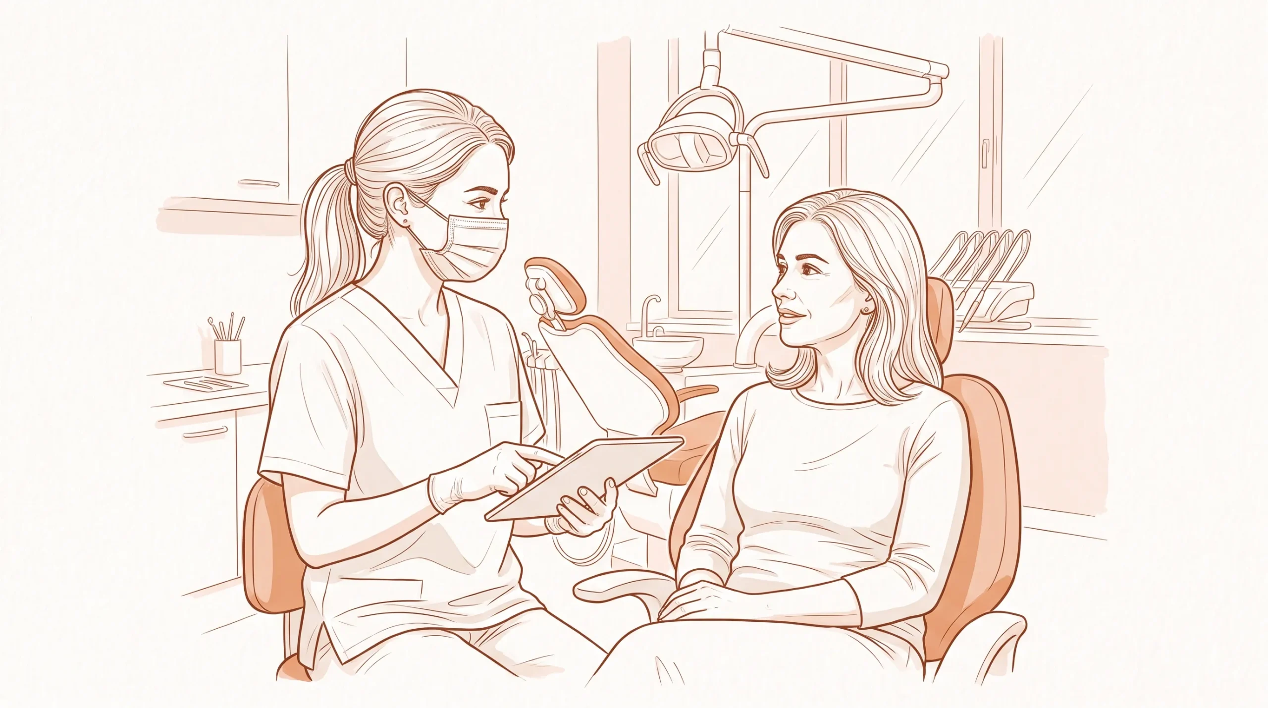 A dentist in clinical attire speaks with an adult patient in a treatment room about a possible appointment.