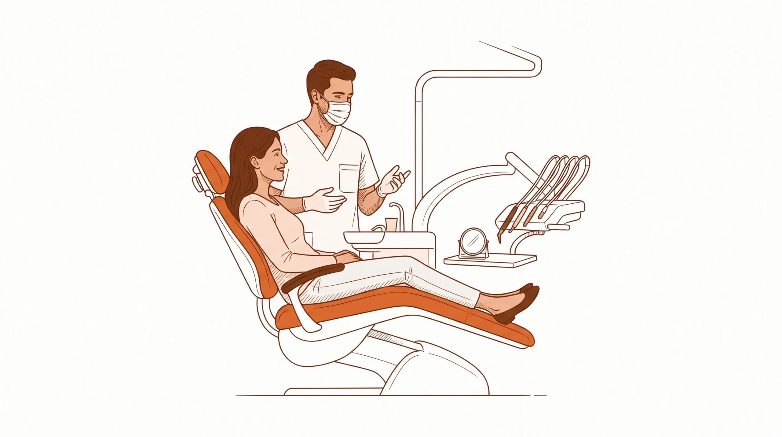 A dentist in clinical attire talks with an adult patient beside a dental chair, with a small mirror resting on the tray.