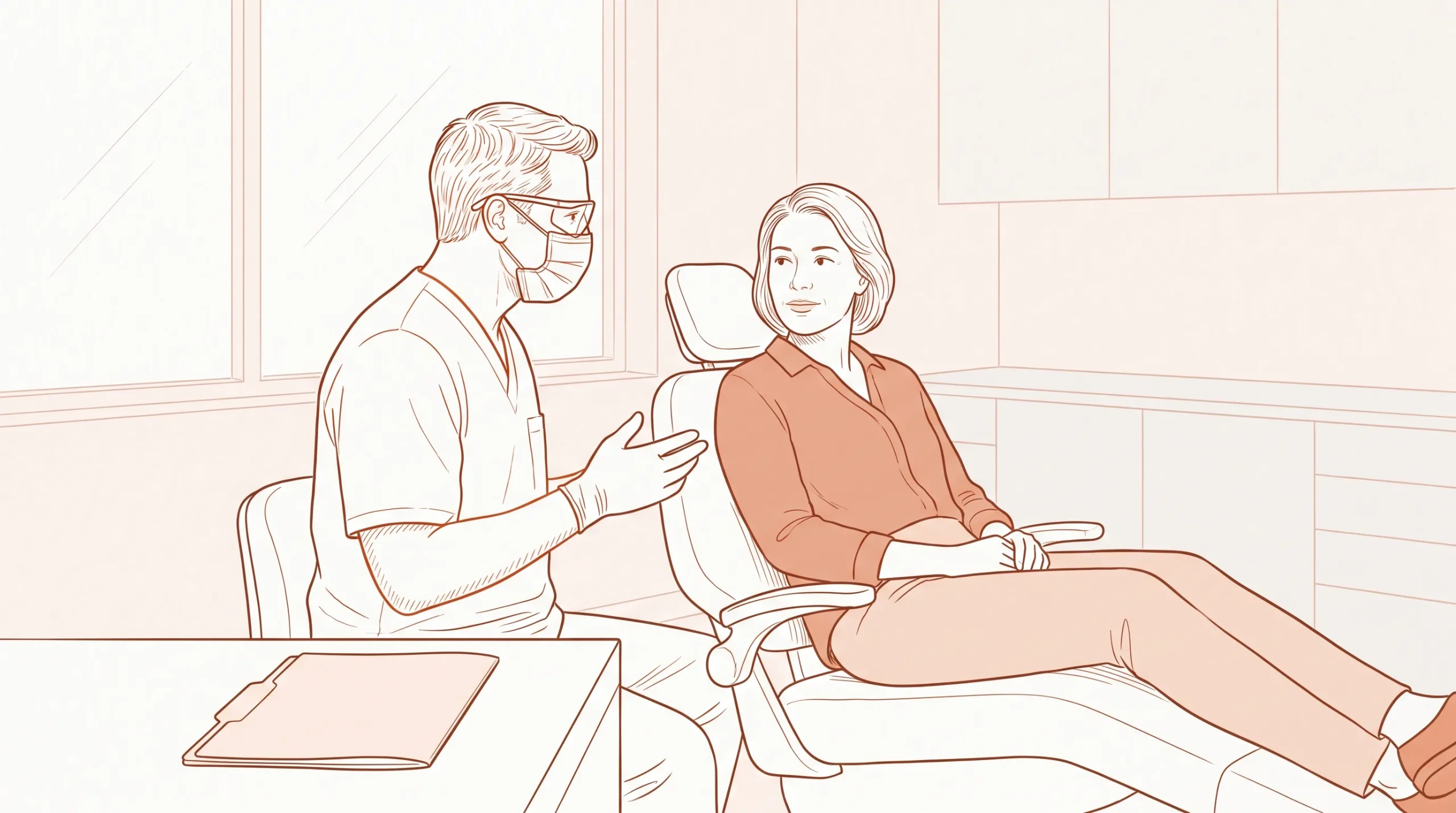 A dentist in gloves, mask and protective eyewear speaks with an adult patient seated upright in a dental chair, with a blank folder on a side table.