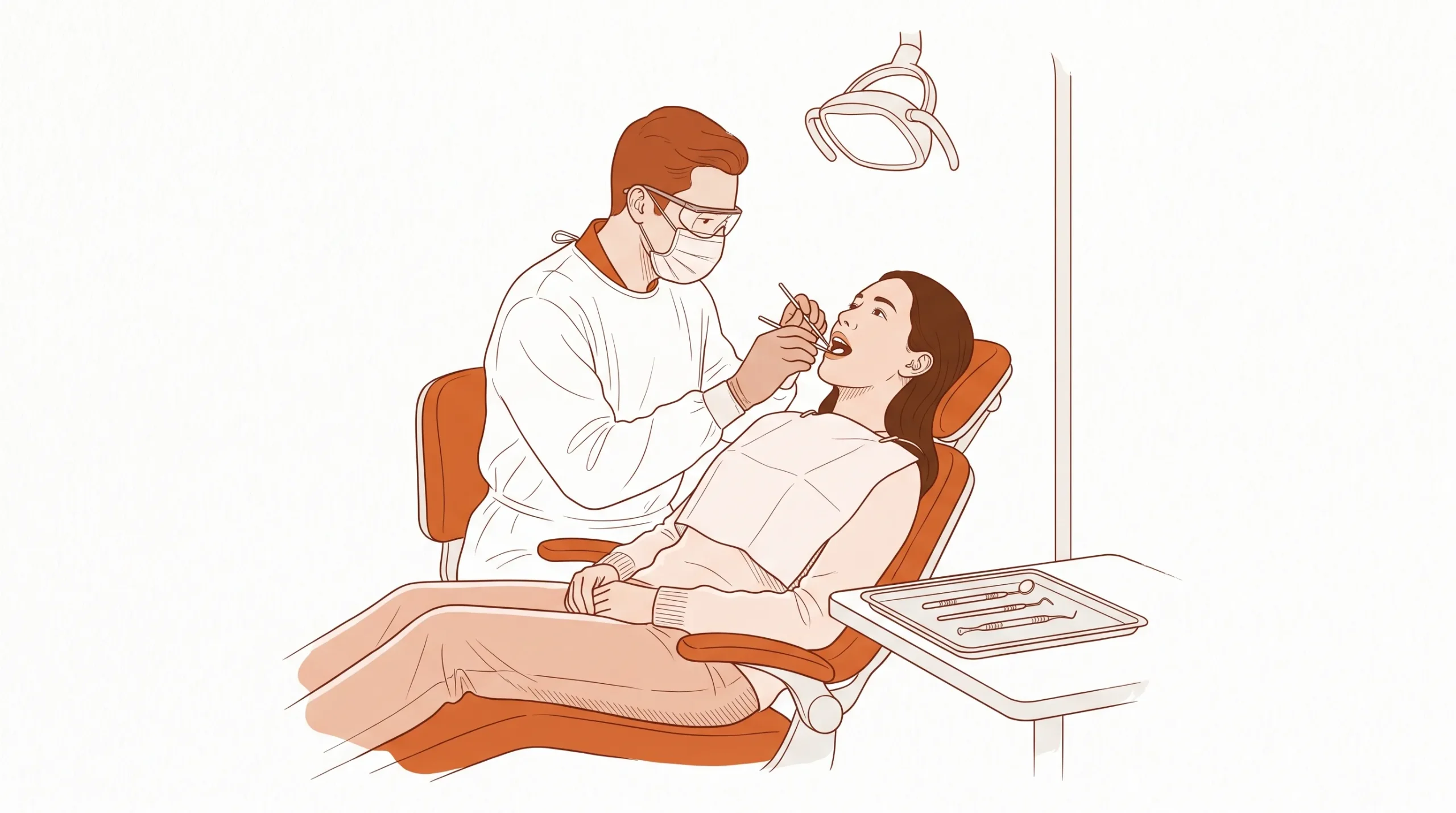 A dentist in PPE checks the back molar area of a calm adult patient during a wisdom tooth consultation.