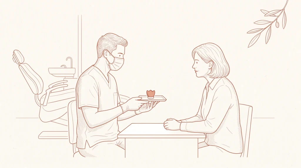 A dentist showing a crown sample to a seated patient during a treatment discussion.