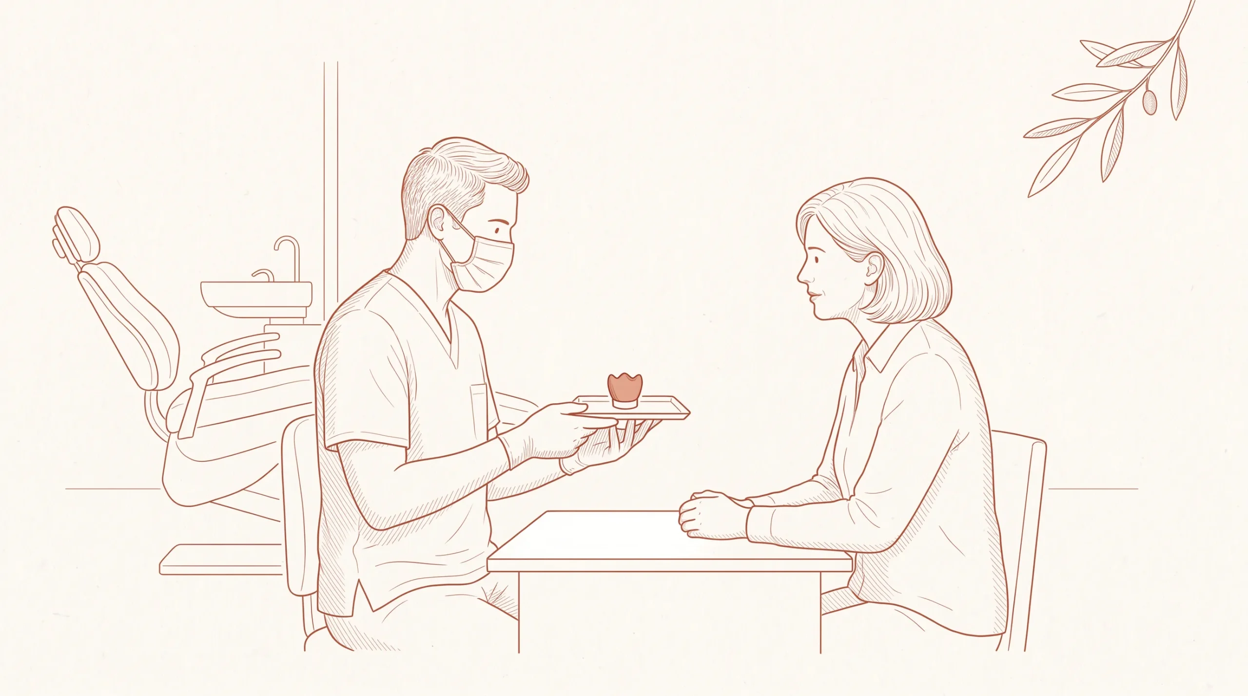 A dentist showing a crown sample to a seated patient during a treatment discussion.