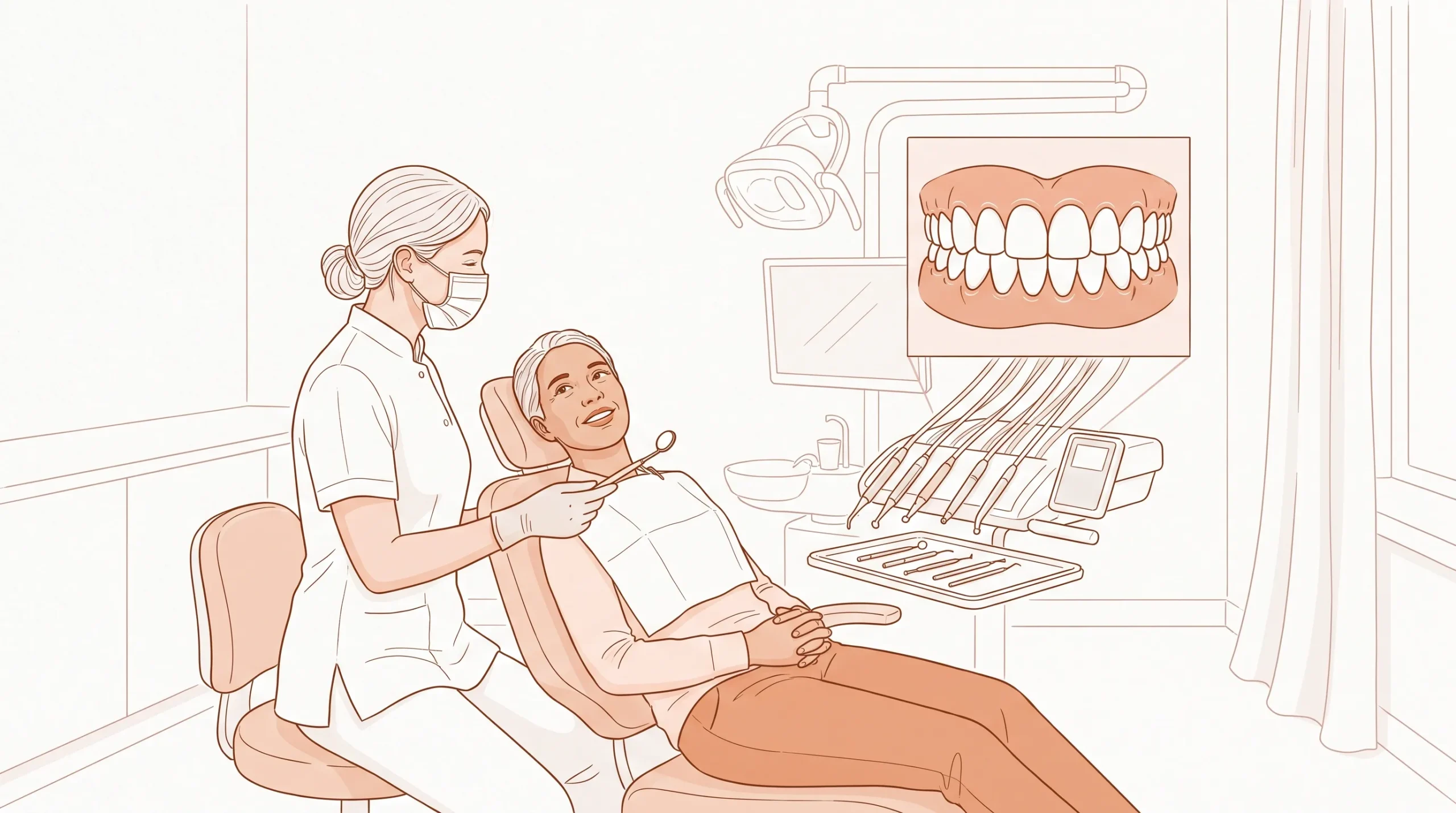 A dentist speaks with an adult patient in a tidy dental room, with a dental mirror and a small inset of healthy teeth.