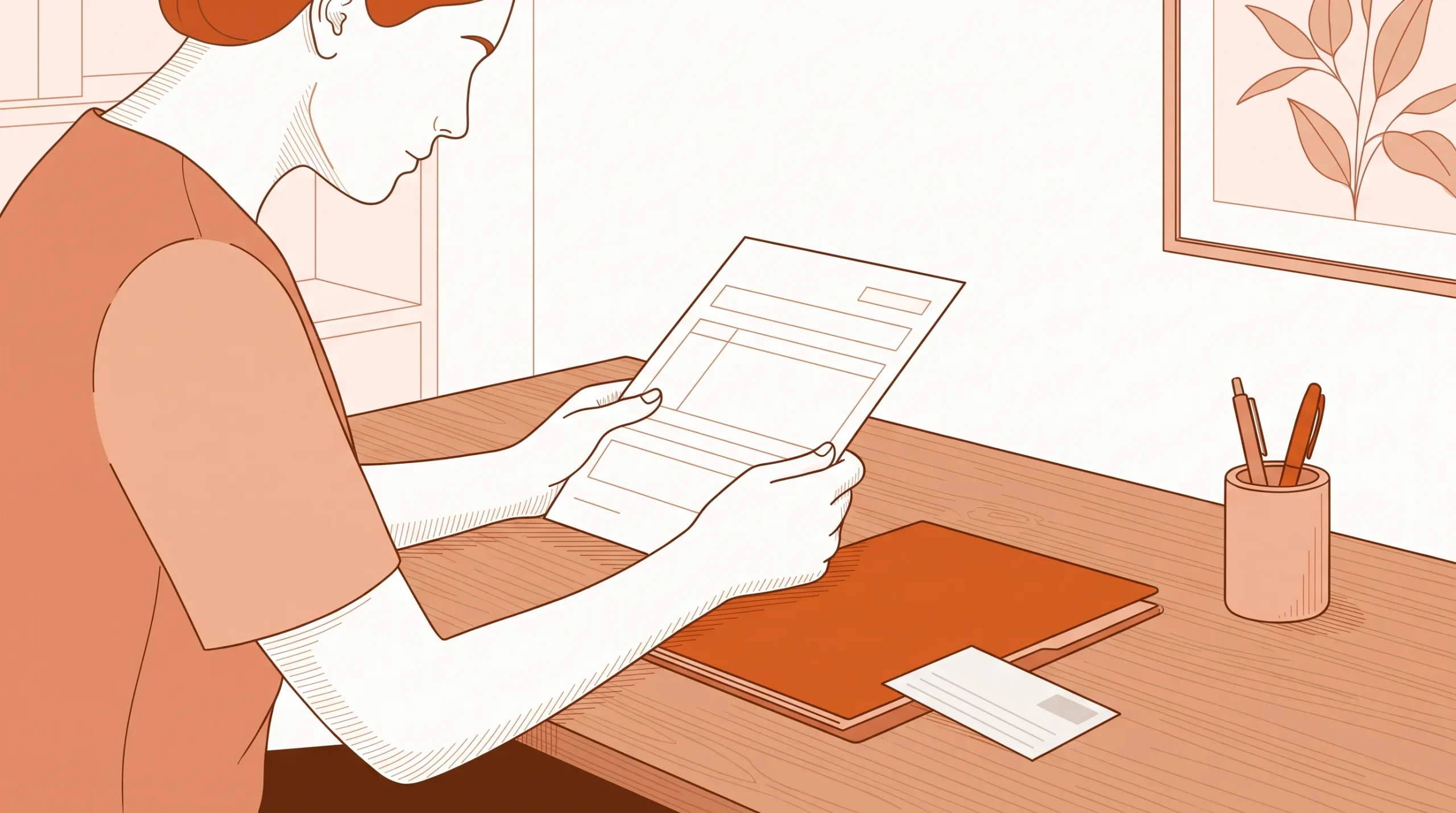 A patient reviews a blank dental treatment estimate at a clinic desk with a folder and appointment card.