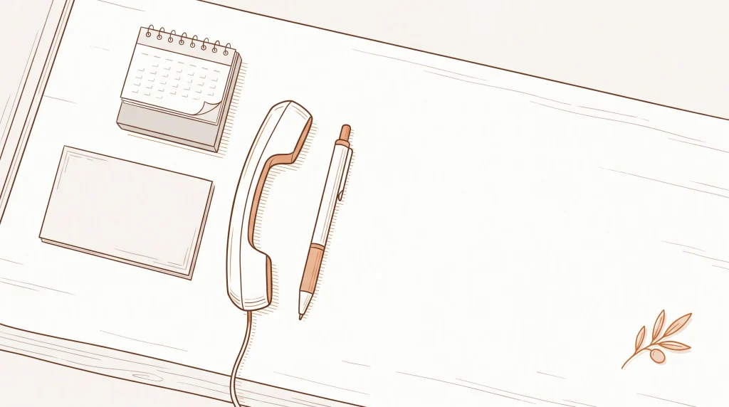 A reception counter still life with a blank appointment card, telephone and pen beside a small desk calendar block.