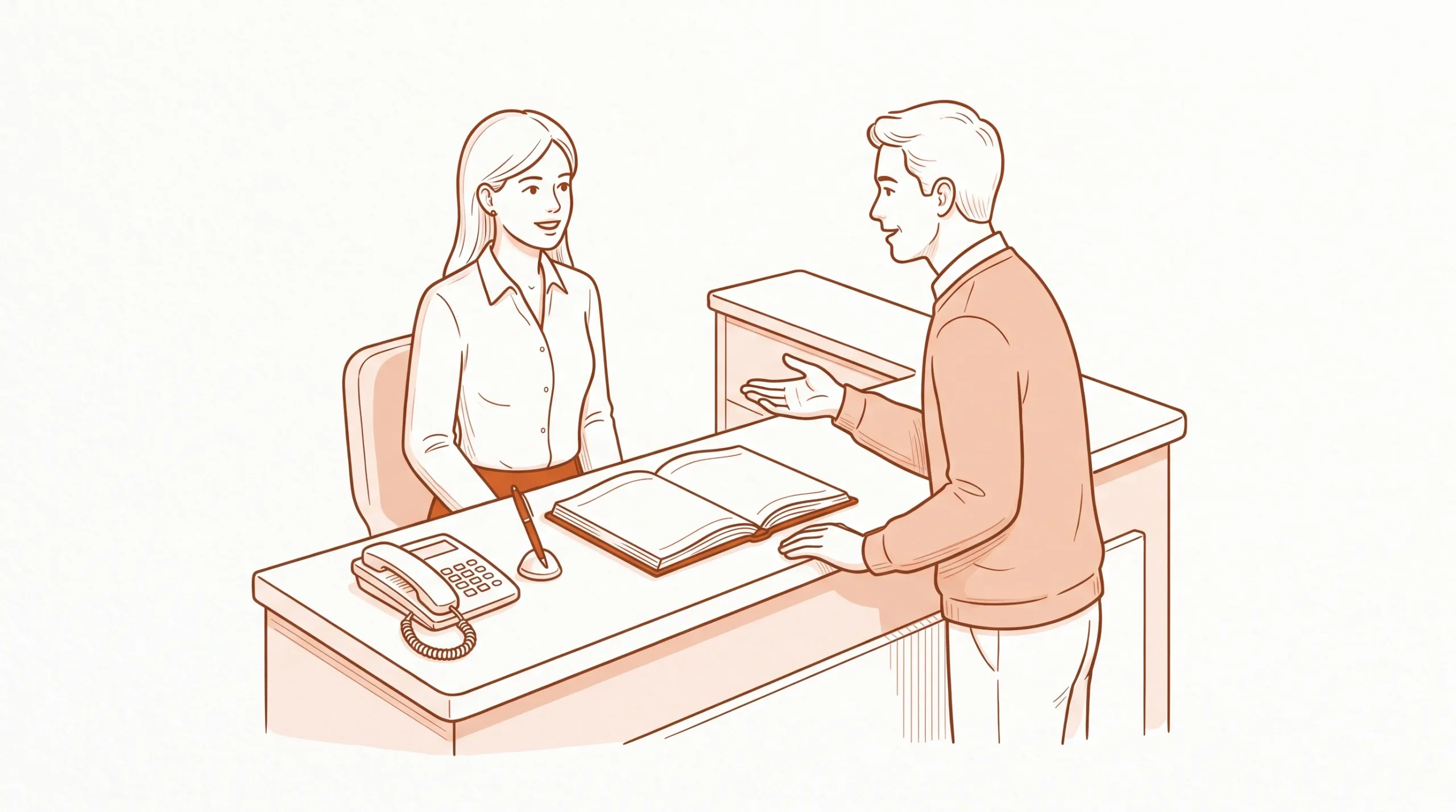 A receptionist and adult patient speak at a tidy dental front desk with a blank appointment book and telephone nearby.
