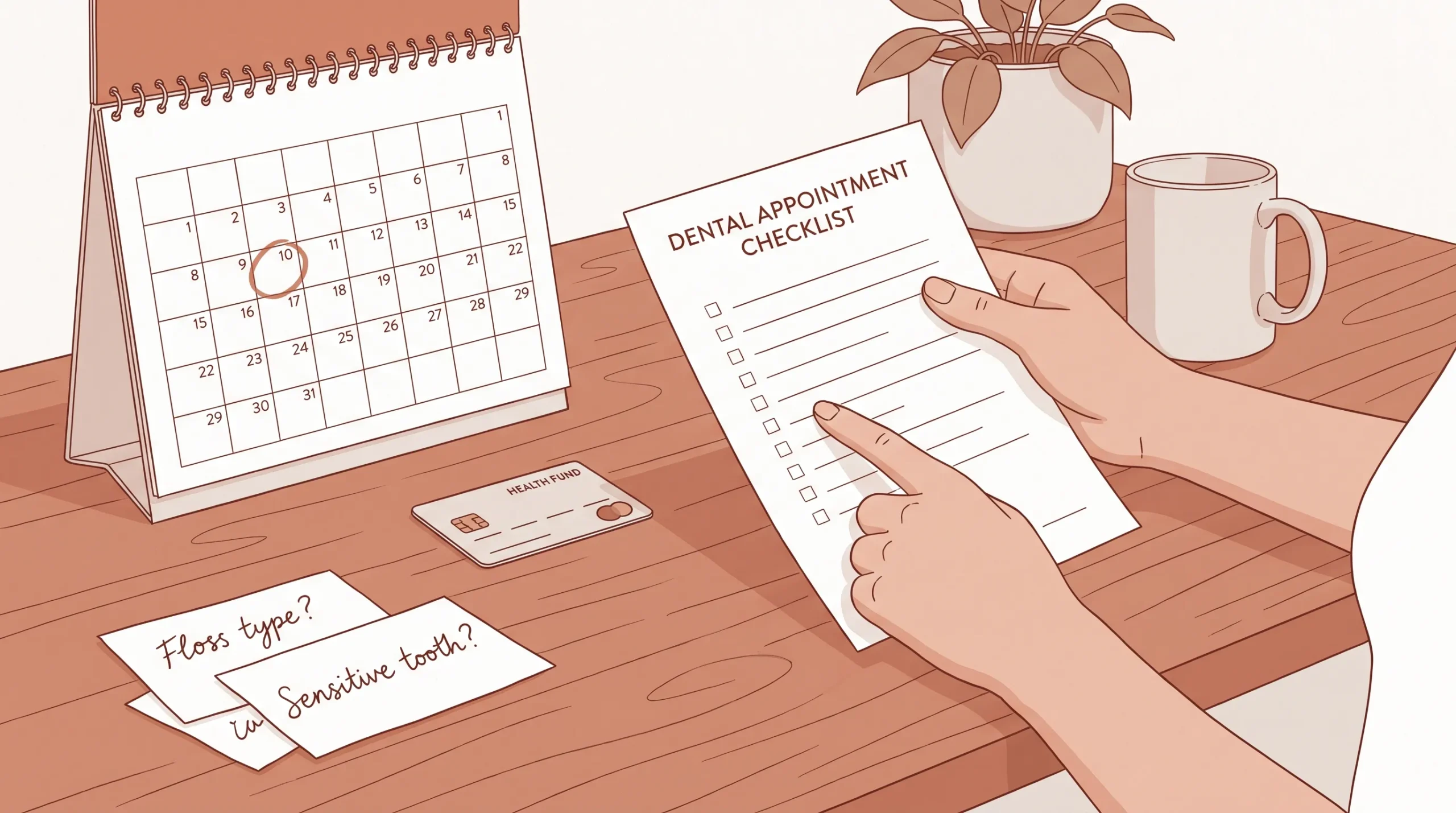 A Toowong resident reviewing a dental appointment checklist at a kitchen bench with a calendar, a health fund card and handwritten notes about questions to ask a dentist.