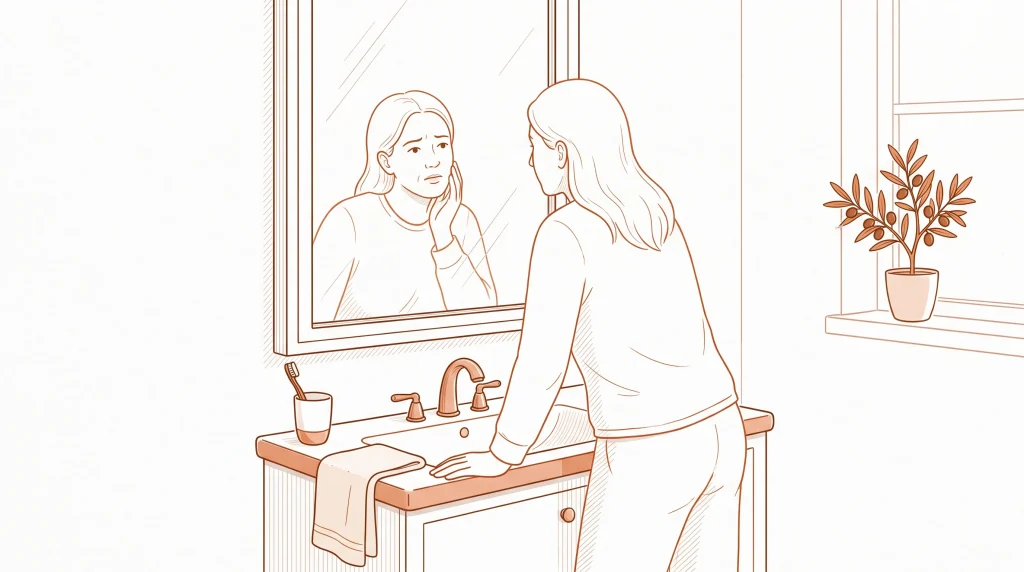 An adult at a bathroom sink notices soreness near the back teeth while brushing.