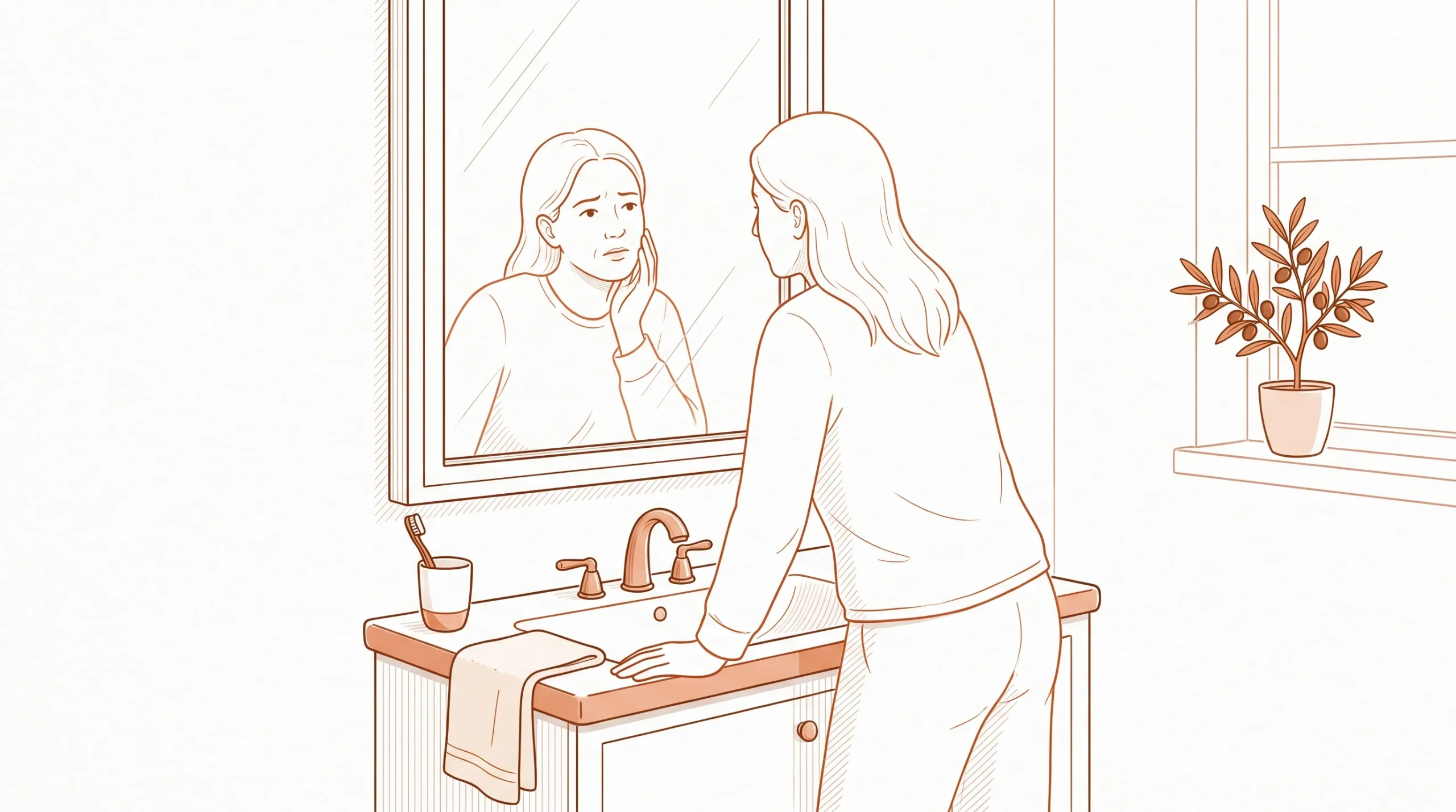An adult at a bathroom sink notices soreness near the back teeth while brushing.