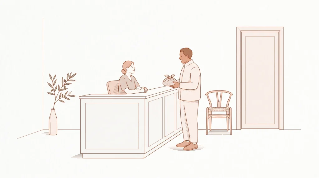 An adult at a reception desk discusses a broken or painful tooth with clinic staff.