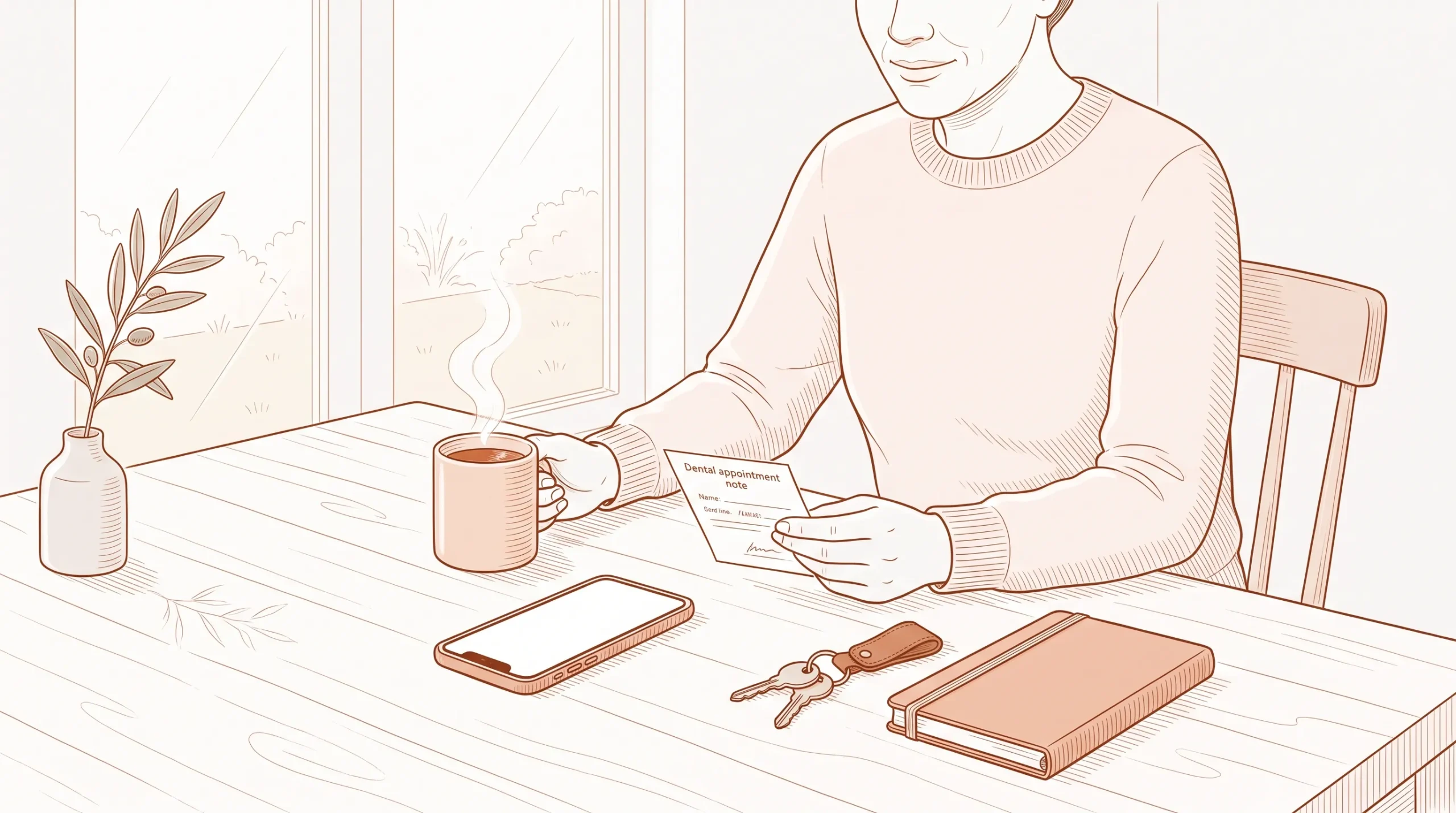 An adult at home reviews a dental appointment note beside a phone and mug before booking general dental care.