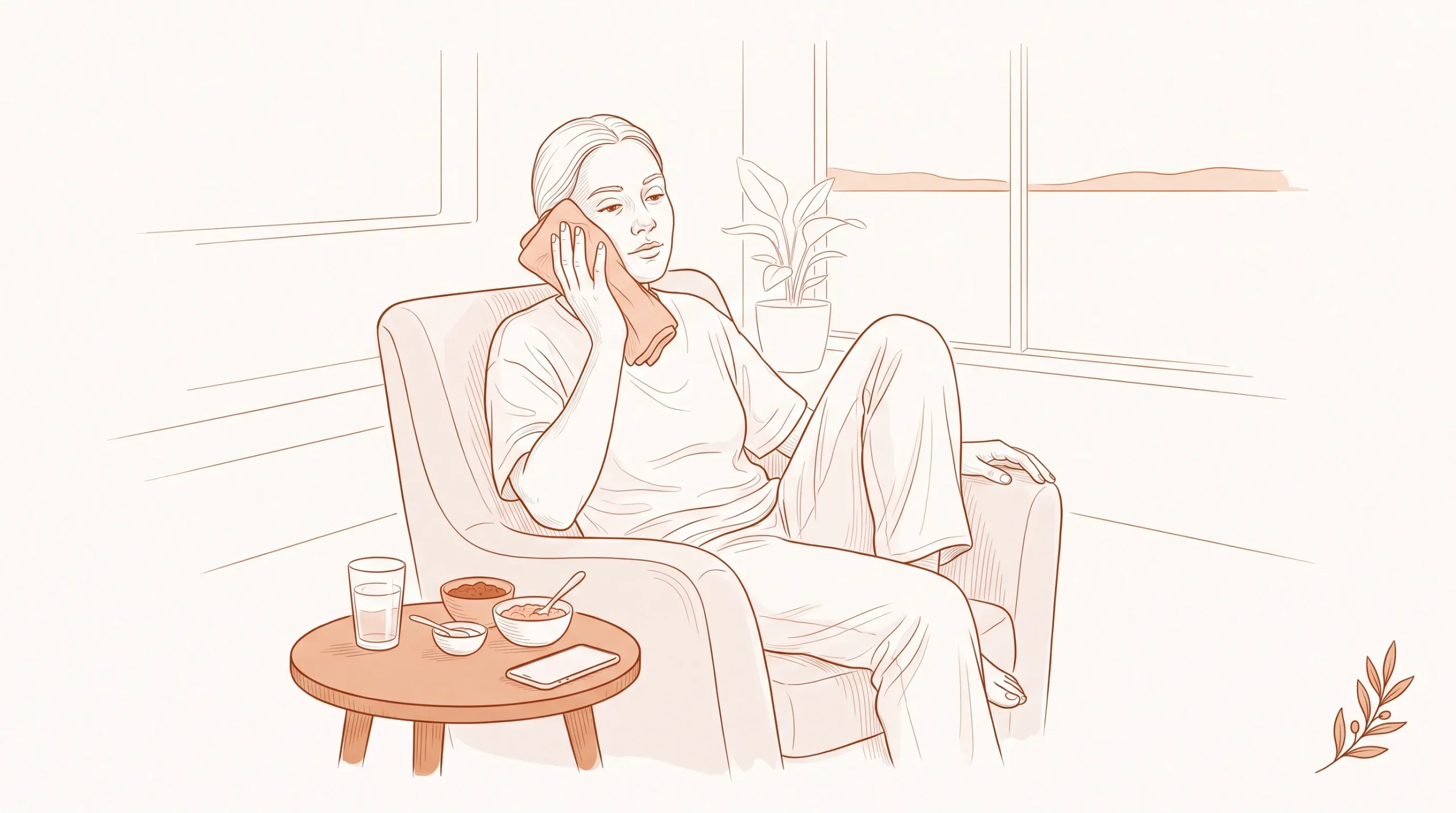 An adult rests at home with a cool compress after a tooth removal.