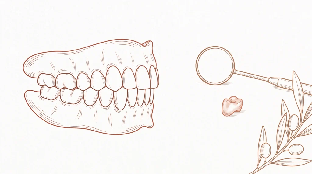 An upper and lower tooth arch sits beside a small dental mirror and restoration form.