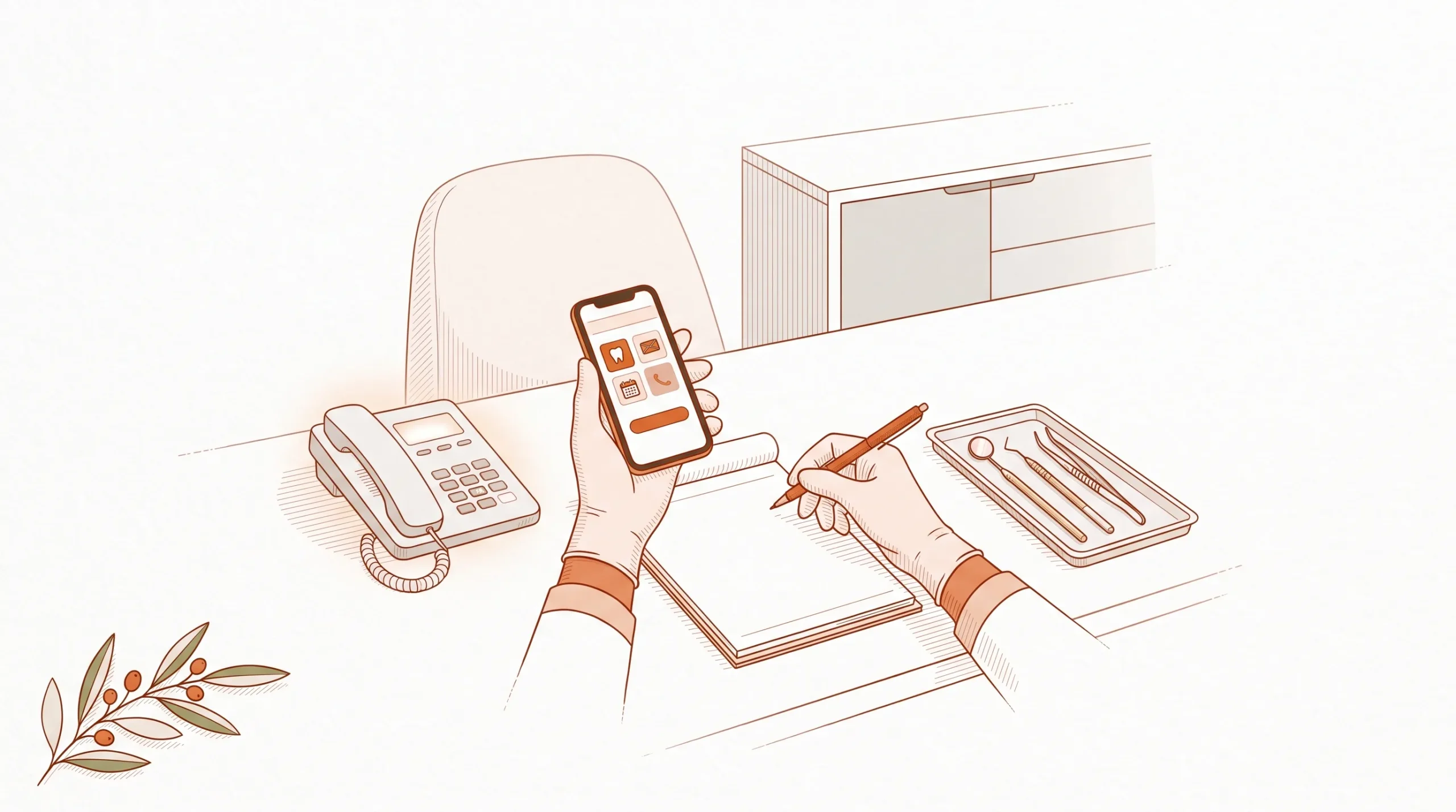 Gloved hands book a dental appointment beside a blank pad, showing the practical step of finding care quickly.