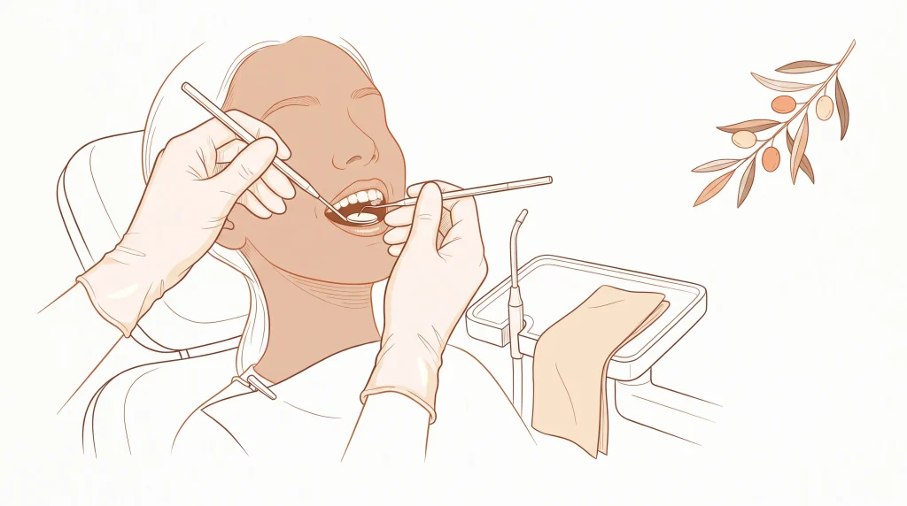 Gloved hands use a mirror and probe during a routine dental check-up, with the patient seated upright in the chair.