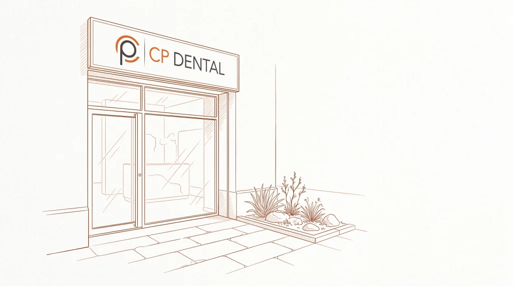 The entrance of a CP Dental clinic with glass doors and a neat forecourt, suggesting a place for ongoing general dental care.