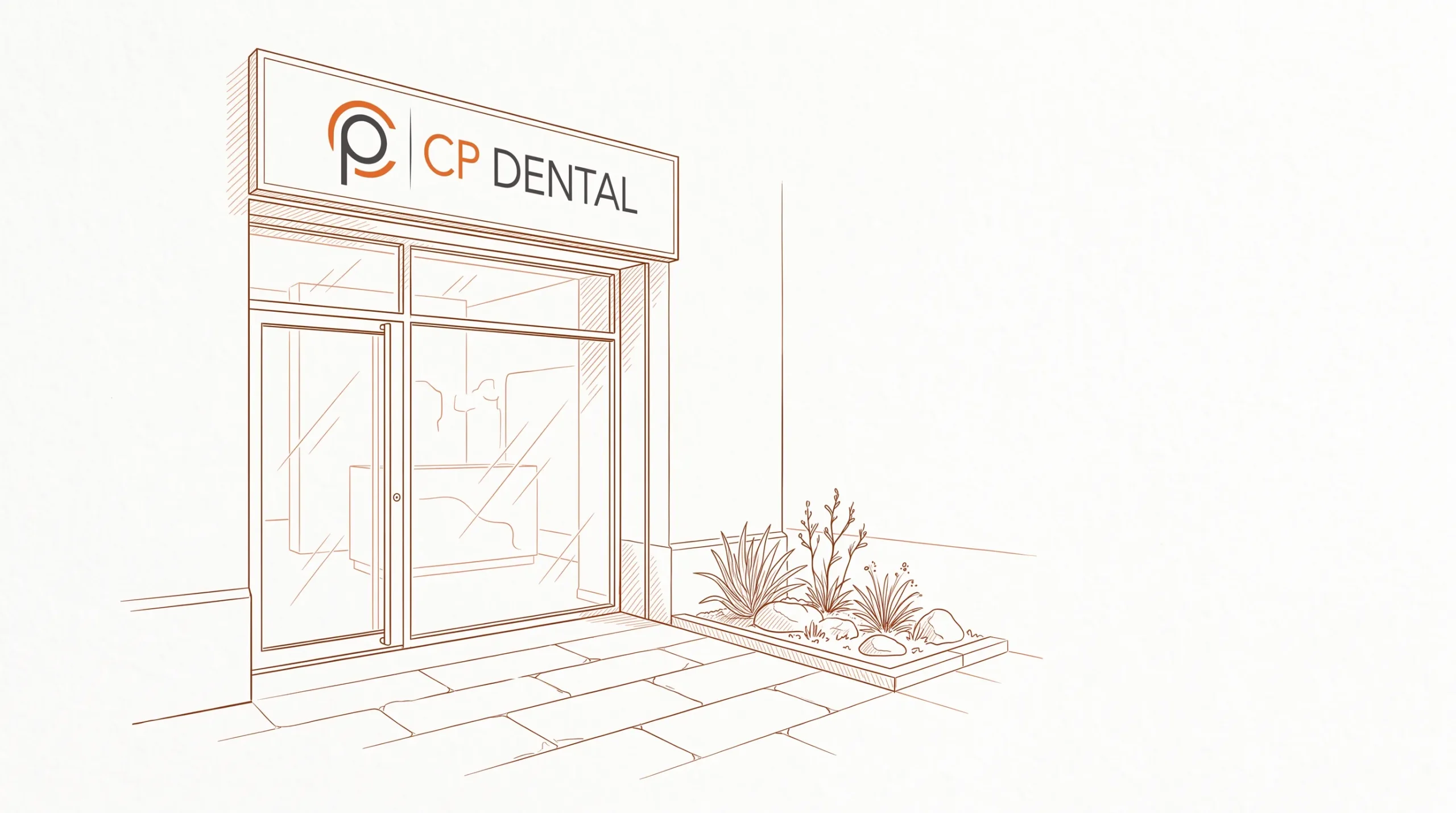 The entrance of a CP Dental clinic with glass doors and a neat forecourt, suggesting a place for ongoing general dental care.