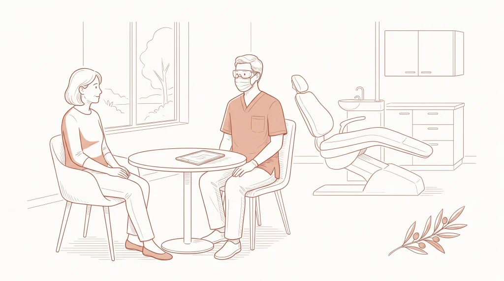 A dentist and adult patient discuss cosmetic dentistry options in a calm consultation room with a chair and sink behind them.