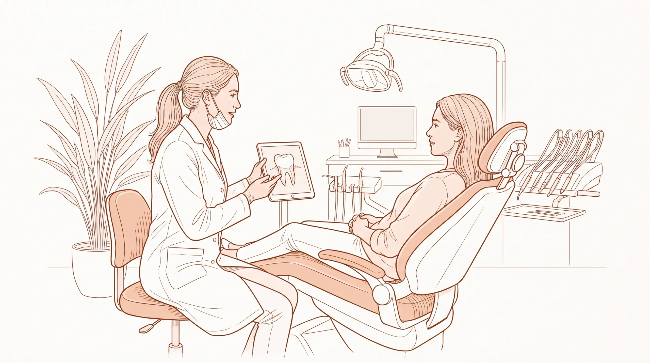 A dentist and adult patient discuss treatment options during a calm consultation in the dental chair.