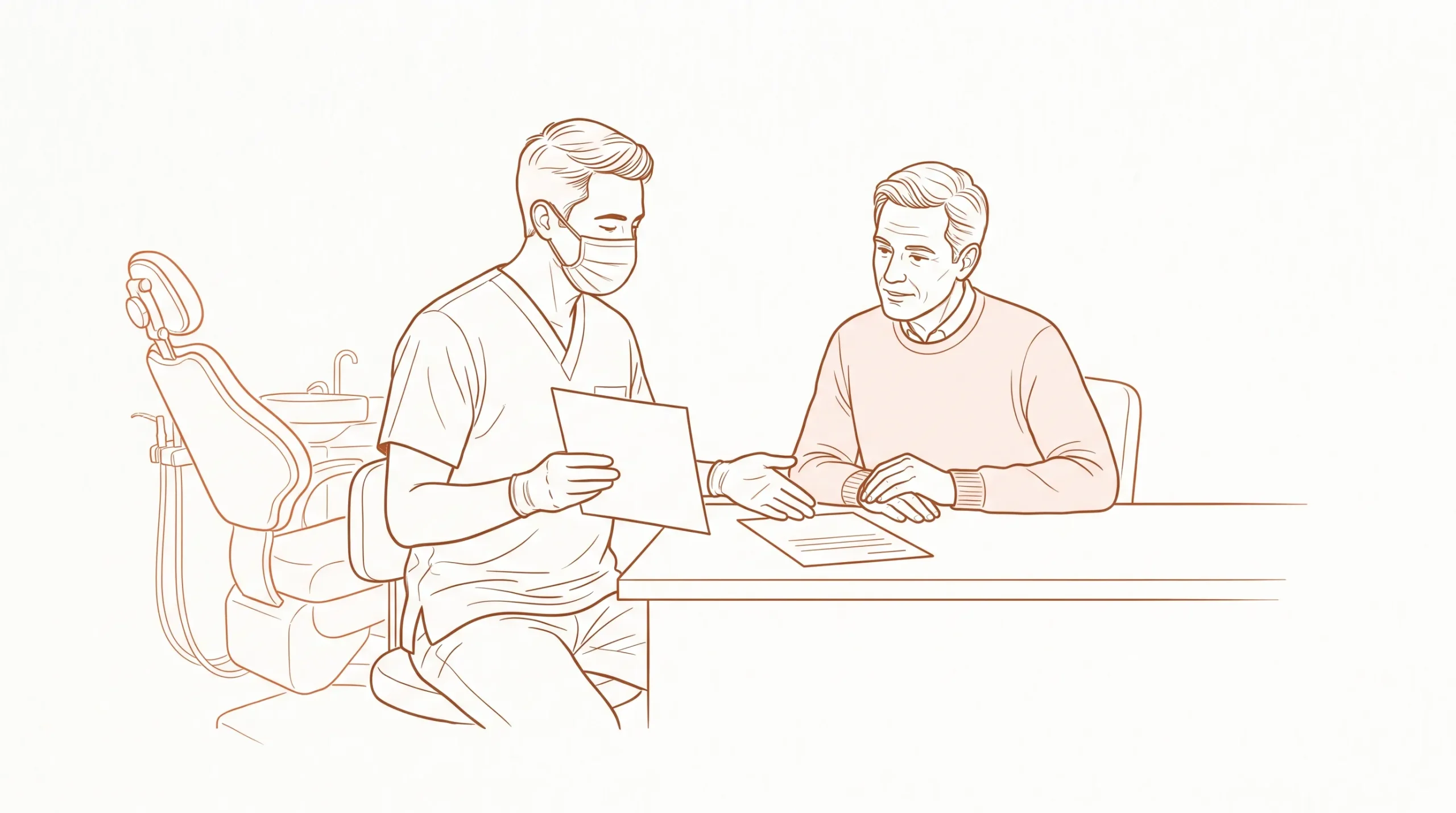 A dentist discusses a dental check up price with an adult patient during a calm consultation, with an unmarked estimate on the desk.