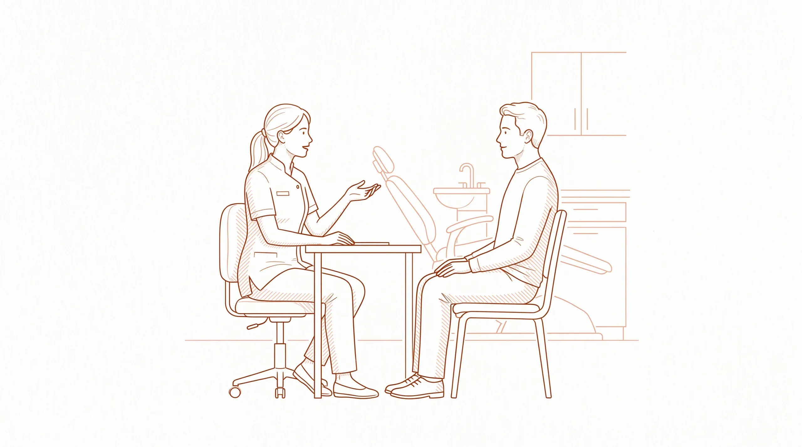 A dentist in a clinical tunic speaks with a seated adult patient in a calm dental clinic consultation.