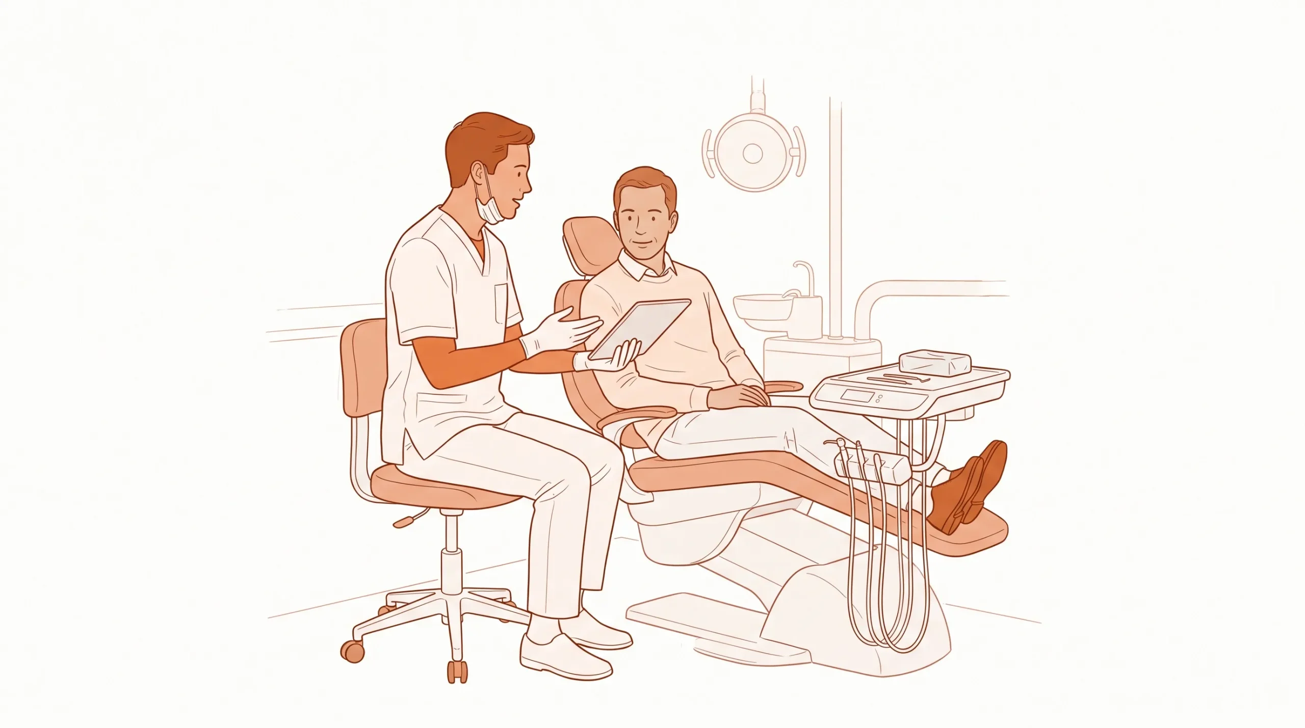 A dentist in a neat clinical tunic speaks with an adult patient seated upright in a dental chair during a cosmetic dentistry consultation.