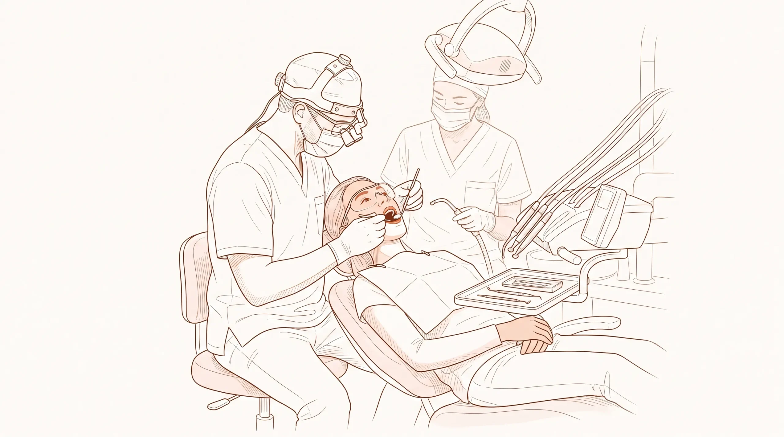 A dentist in clean clinical attire examines a patient’s mouth with a mirror during an urgent dental assessment.